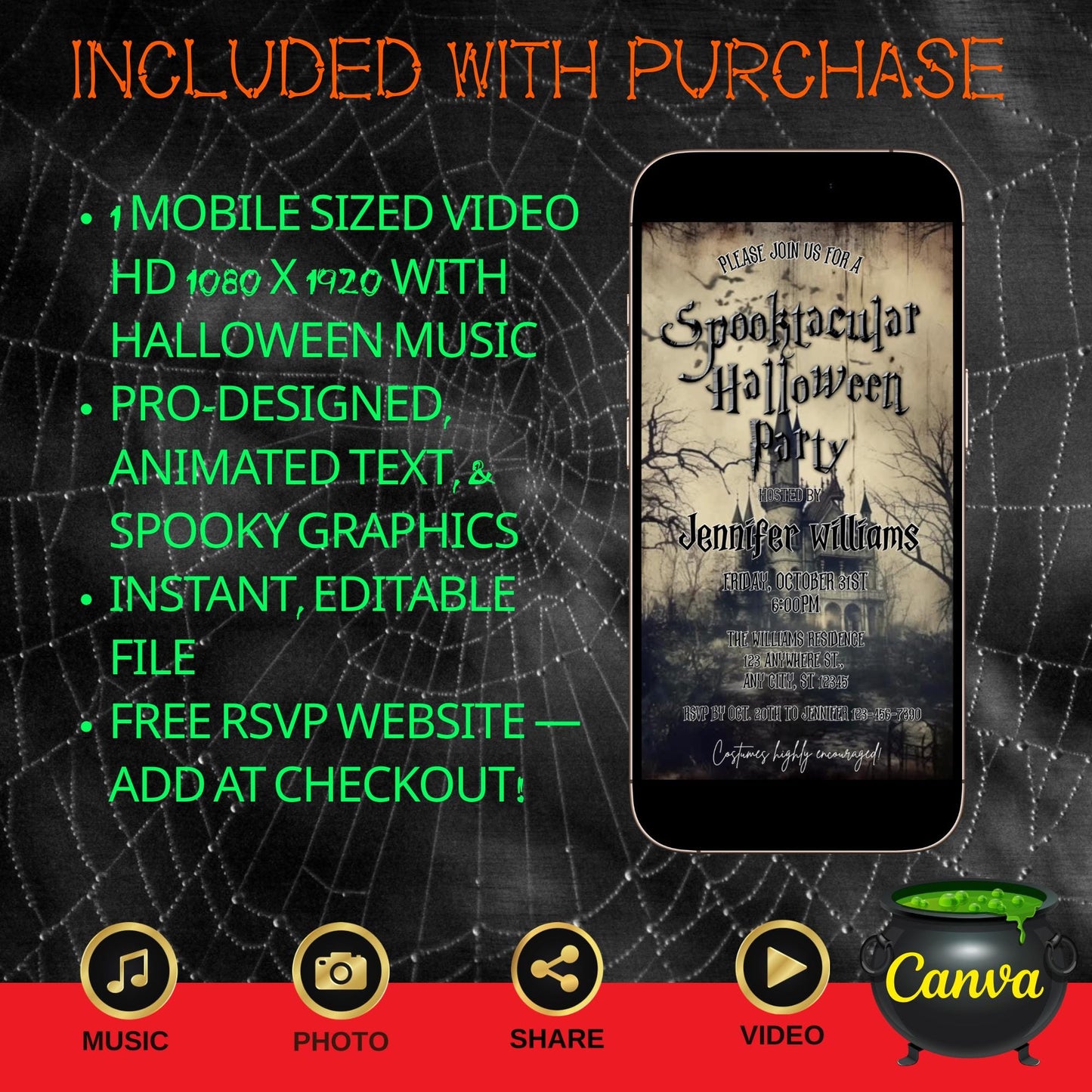 Editable Halloween video invitation with animated theme, customizable in Canva. Perfect for party invites.