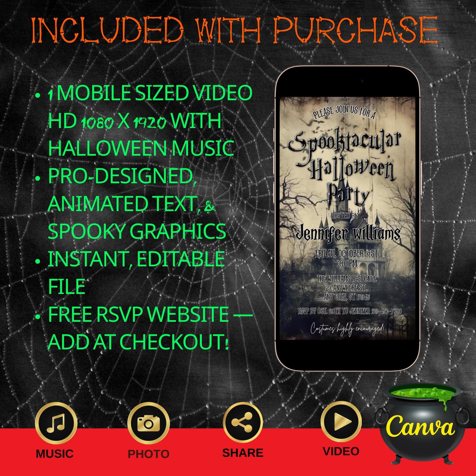 Editable Halloween video invitation with animated theme, customizable in Canva. Perfect for party invites.