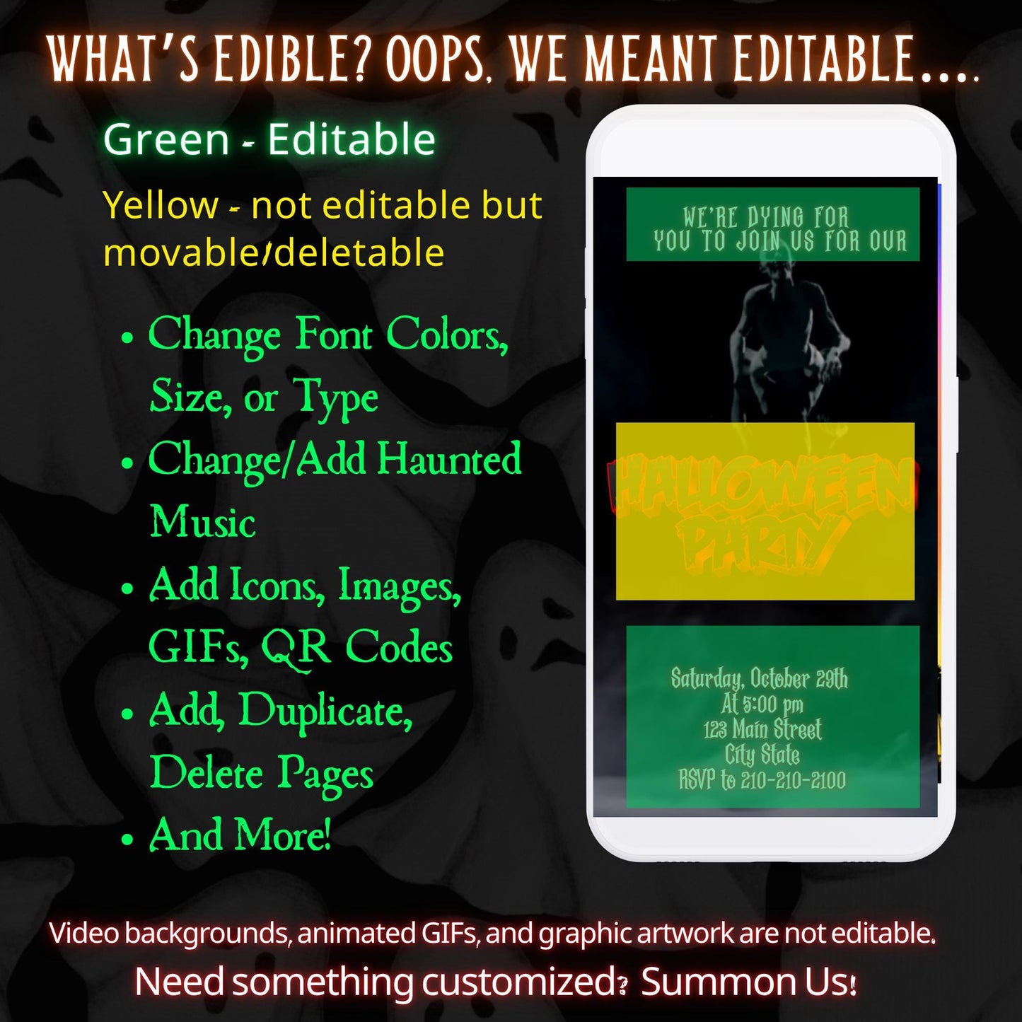 Editable Halloween video invitation with animated theme, customizable in Canva. Perfect for party invites.