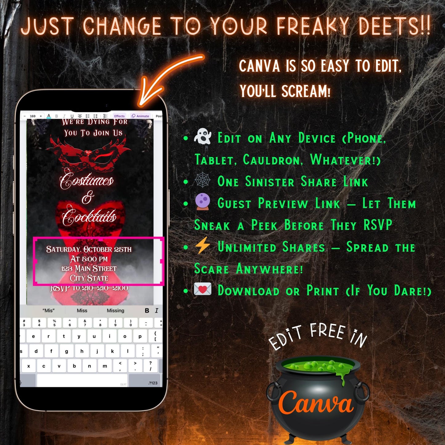 Editable Halloween video invitation with animated theme, customizable in Canva. Perfect for party invites.