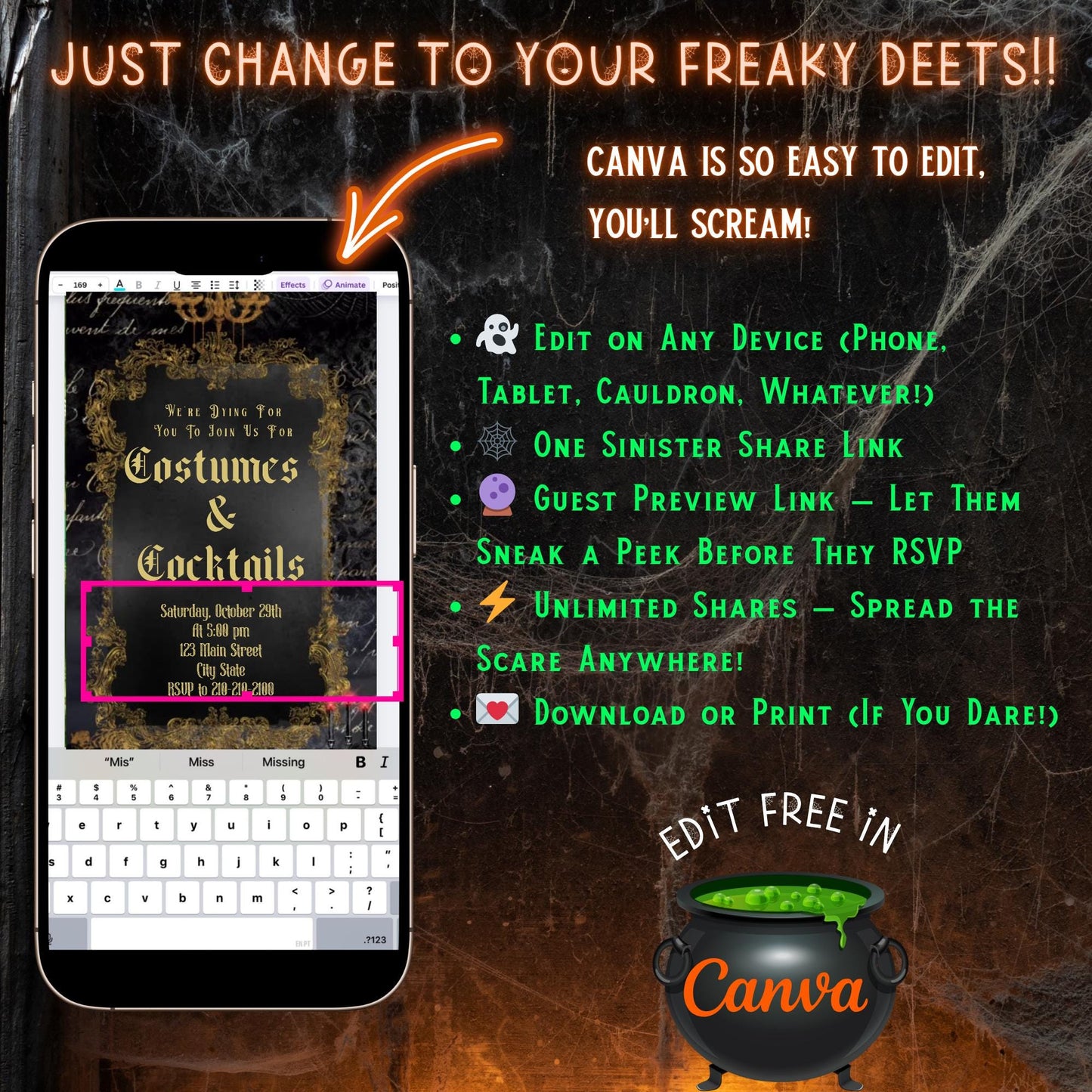 Halloween Video Invitation, Cocktails and CostumesAnimated Invite, Editable Halloween Party Mobile Evite