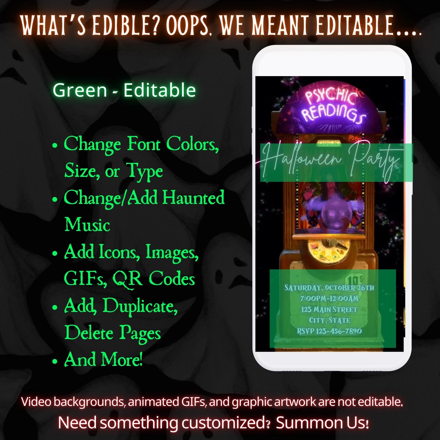 Editable Halloween video invitation with animated theme, customizable in Canva. Perfect for party invites.