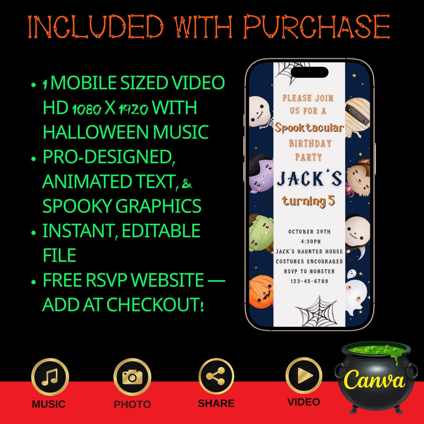 Editable Halloween video invitation with animated theme, customizable in Canva. Perfect for party invites.