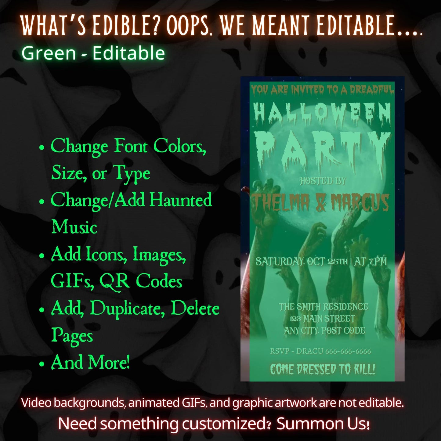 Editable Halloween video invitation with animated theme, customizable in Canva. Perfect for party invites.