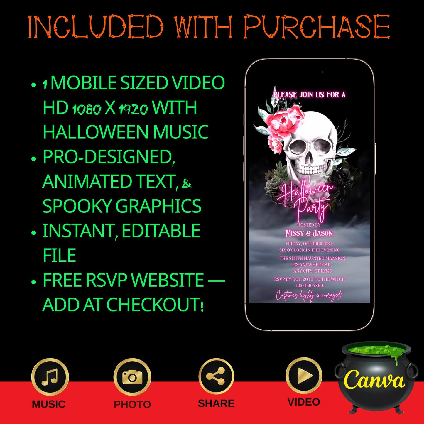 Editable Halloween video invitation with animated theme, customizable in Canva. Perfect for party invites.