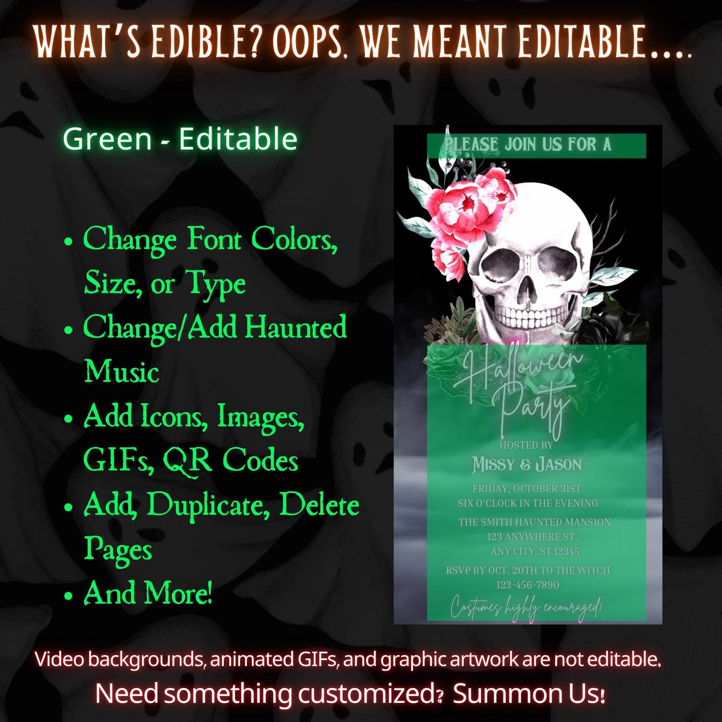Editable Halloween video invitation with animated theme, customizable in Canva. Perfect for party invites.