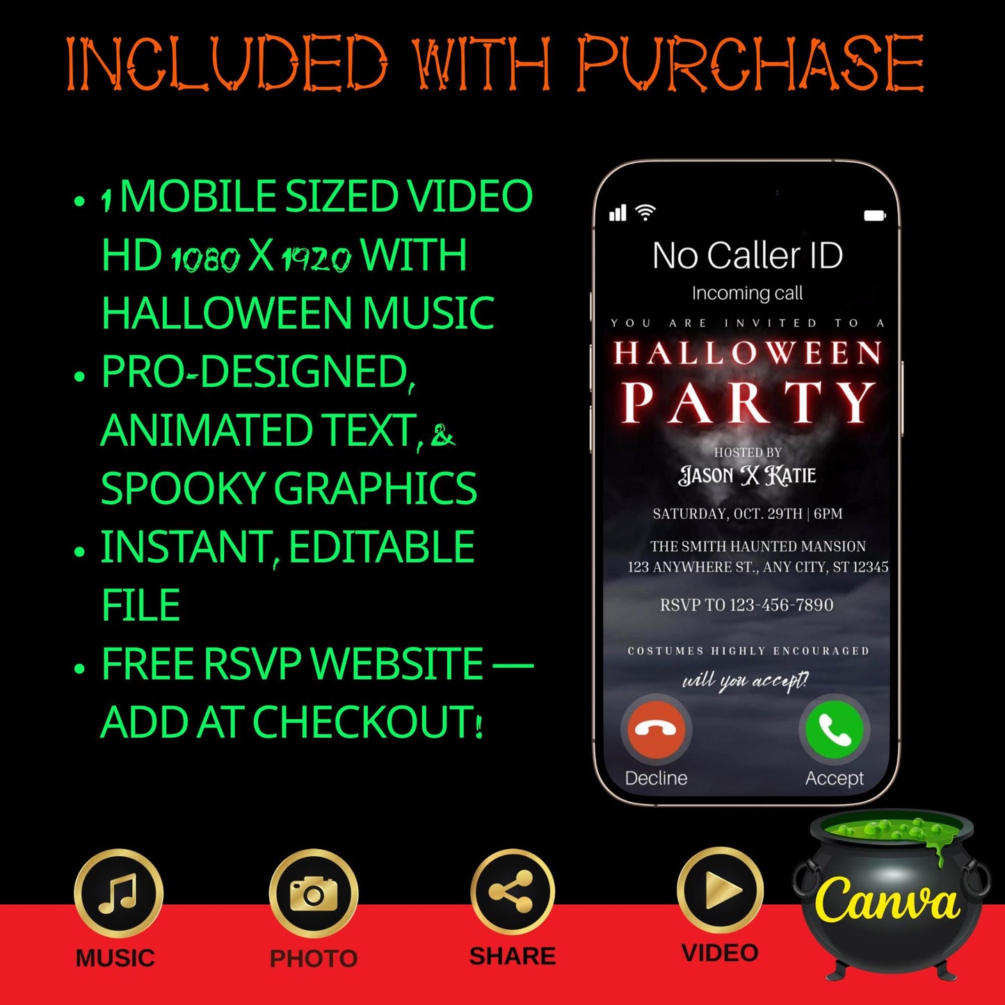 Editable Halloween video invitation with animated theme, customizable in Canva. Perfect for party invites.