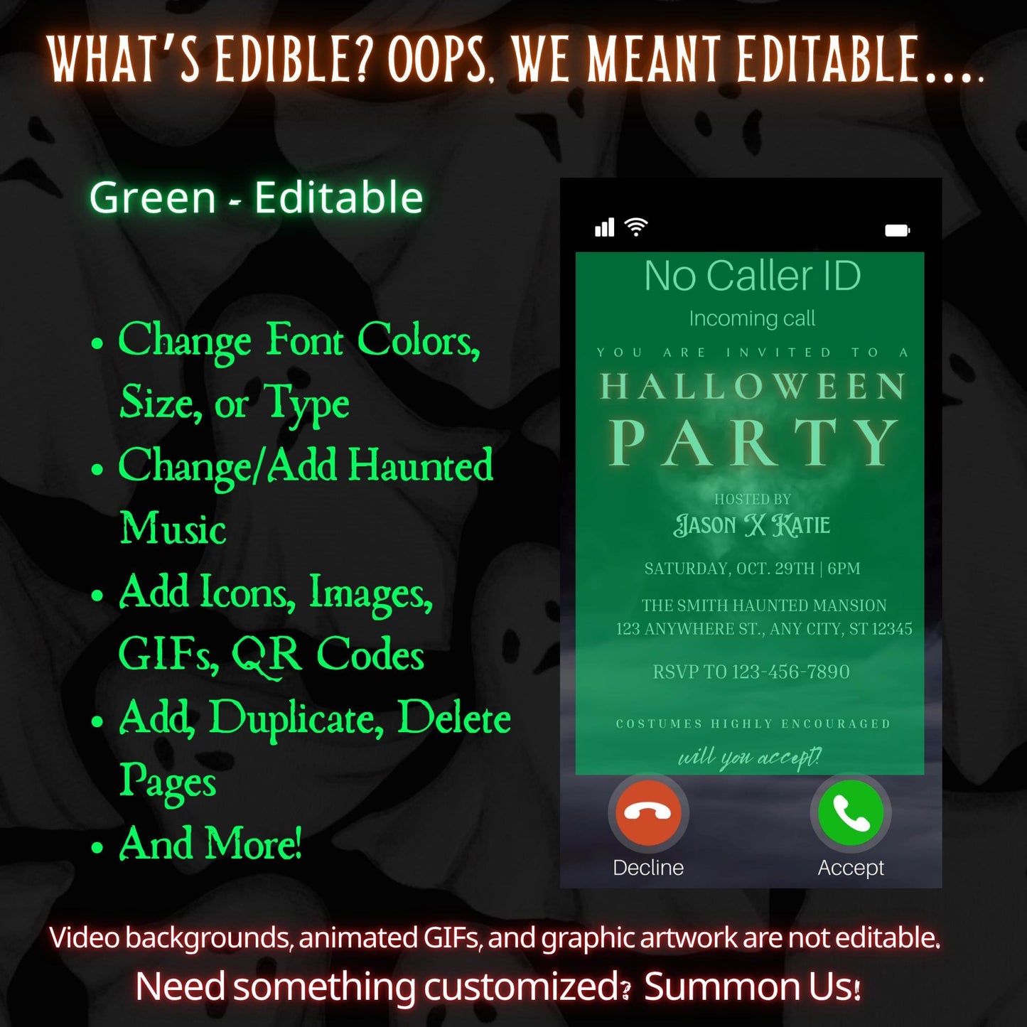 Editable Halloween video invitation with animated theme, customizable in Canva. Perfect for party invites.