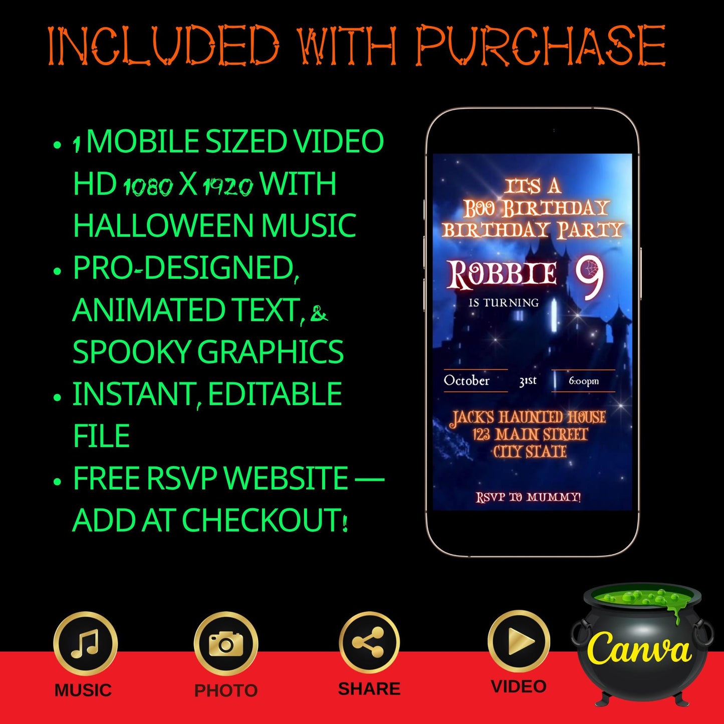Editable Halloween video invitation with animated theme, customizable in Canva. Perfect for party invites.