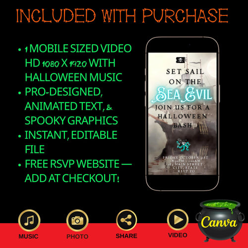 Editable Halloween video invitation with animated theme, customizable in Canva. Perfect for party invites.