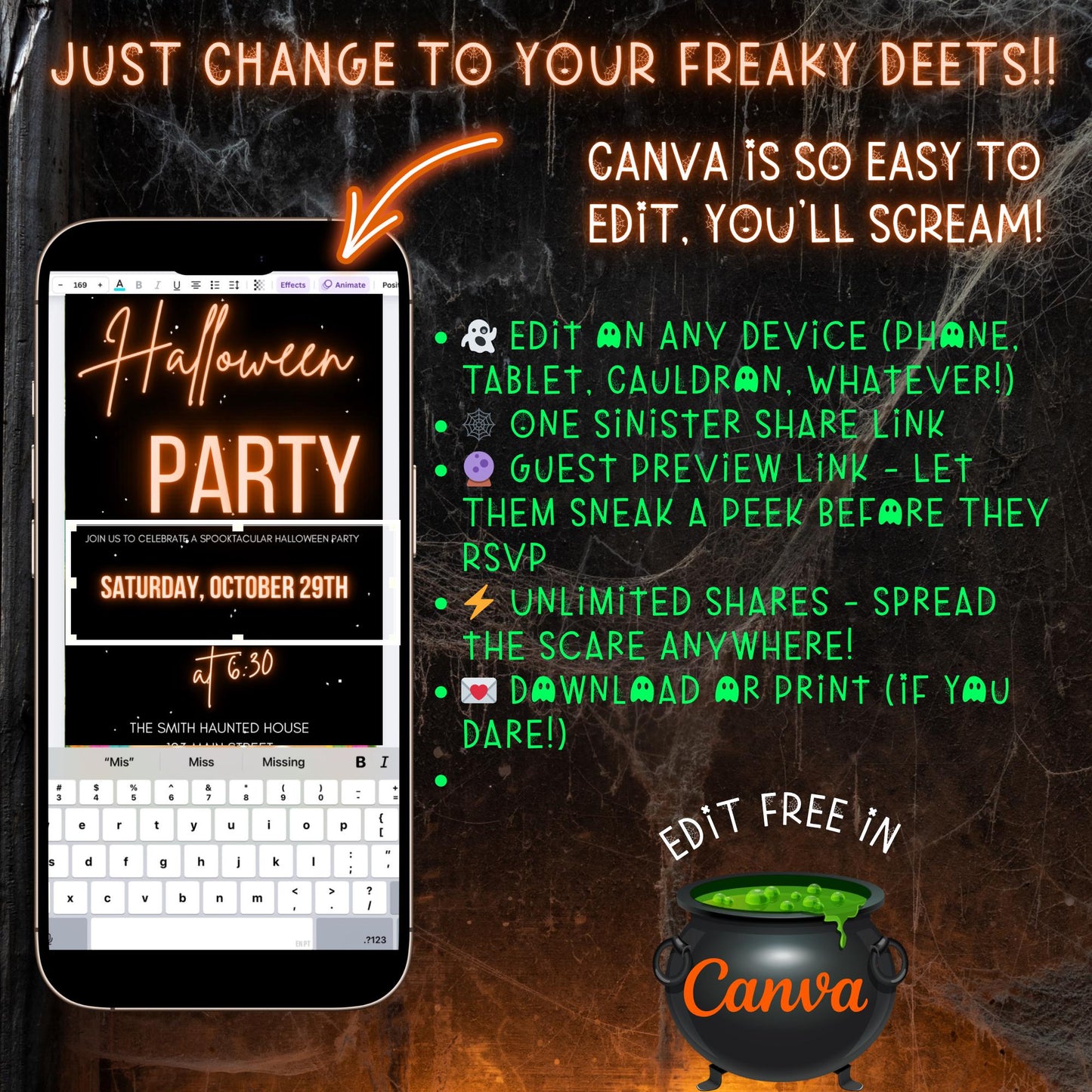 Editable Halloween video invitation with animated theme, customizable in Canva. Perfect for party invites.