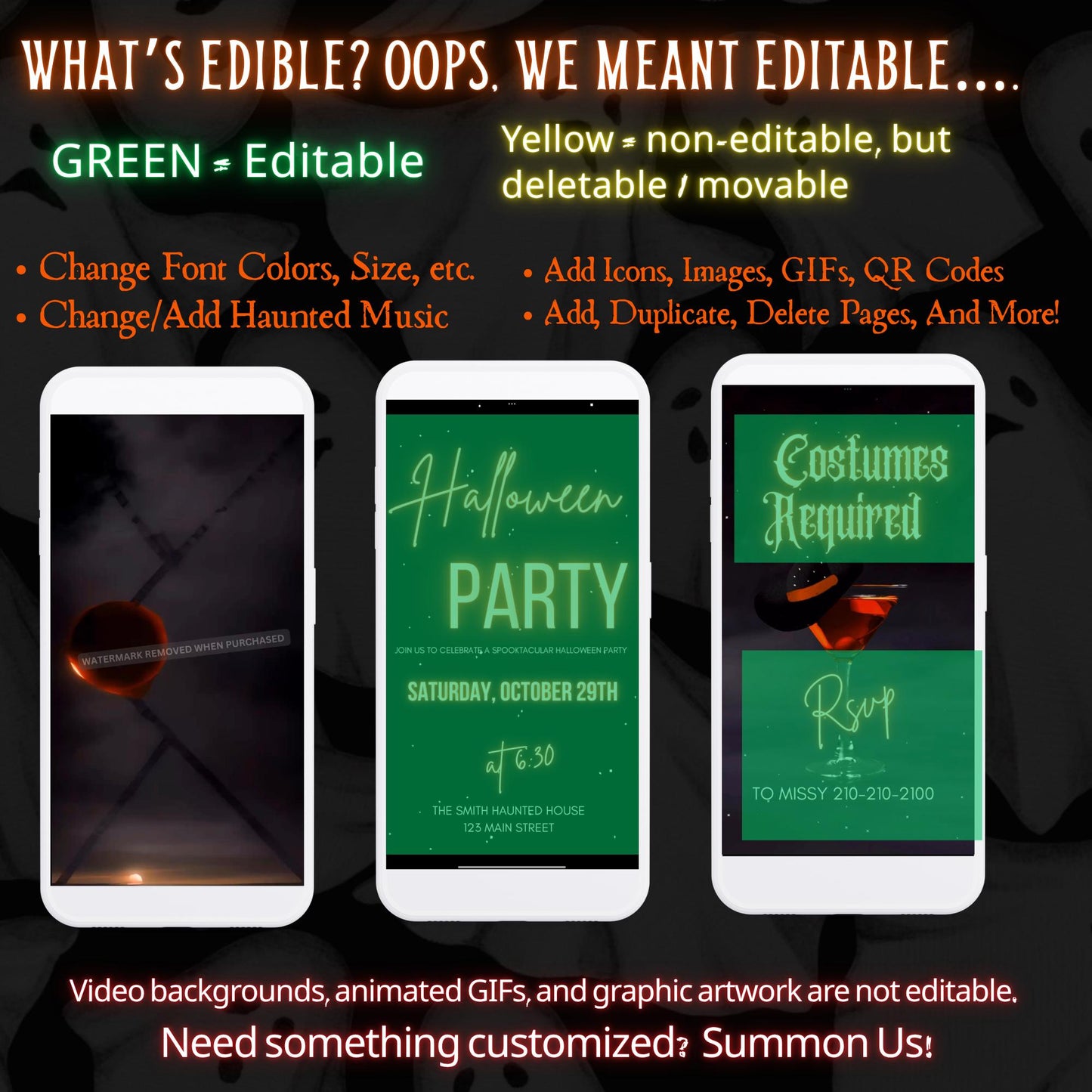 Editable Halloween video invitation with animated theme, customizable in Canva. Perfect for party invites.