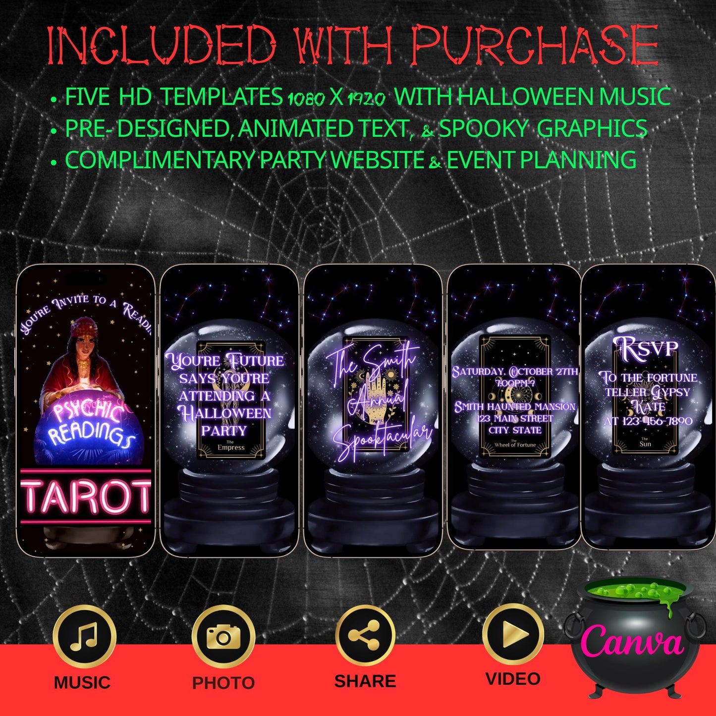 Editable Halloween video invitation with animated theme, customizable in Canva. Perfect for party invites.