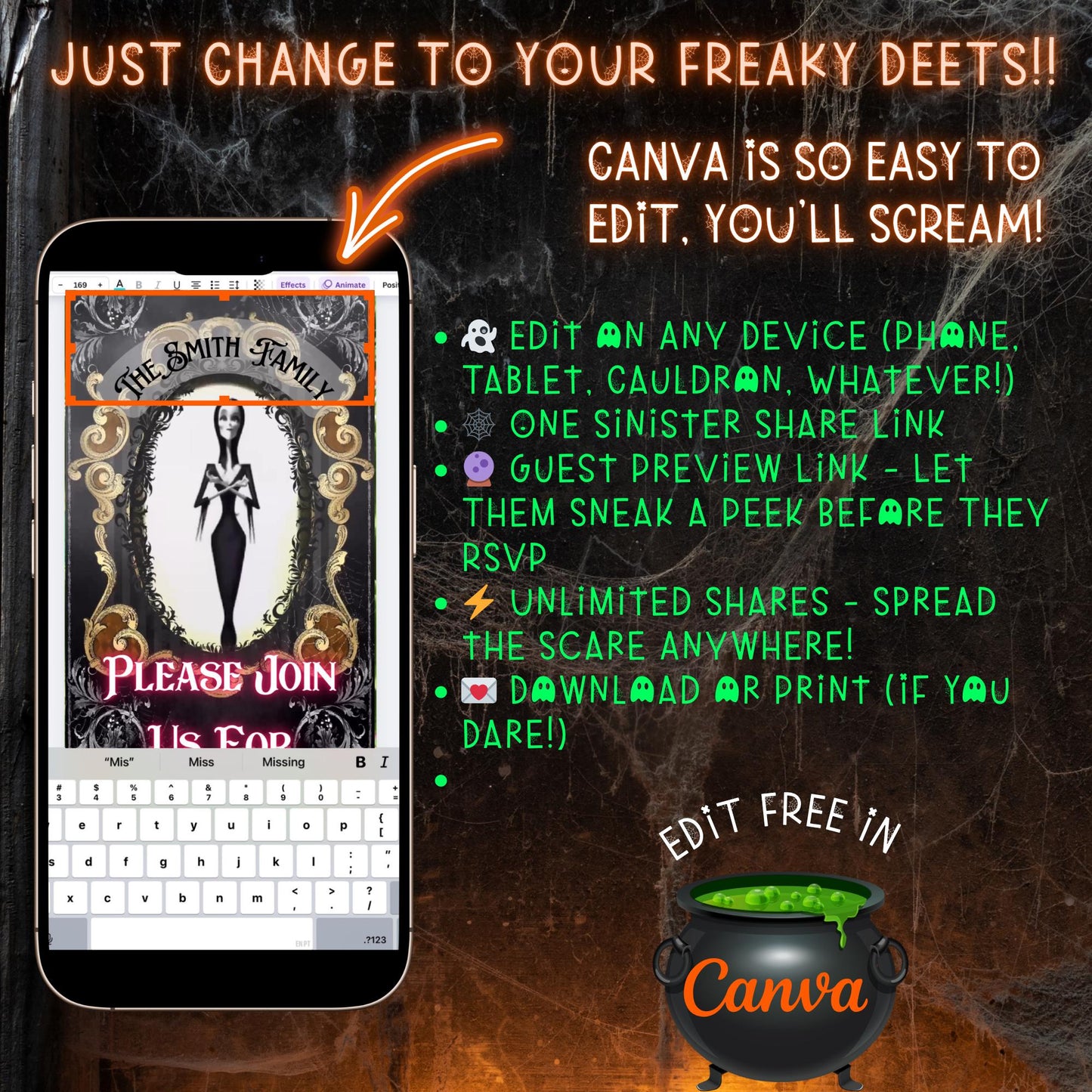Editable Halloween video invitation with animated theme, customizable in Canva. Perfect for party invites.
