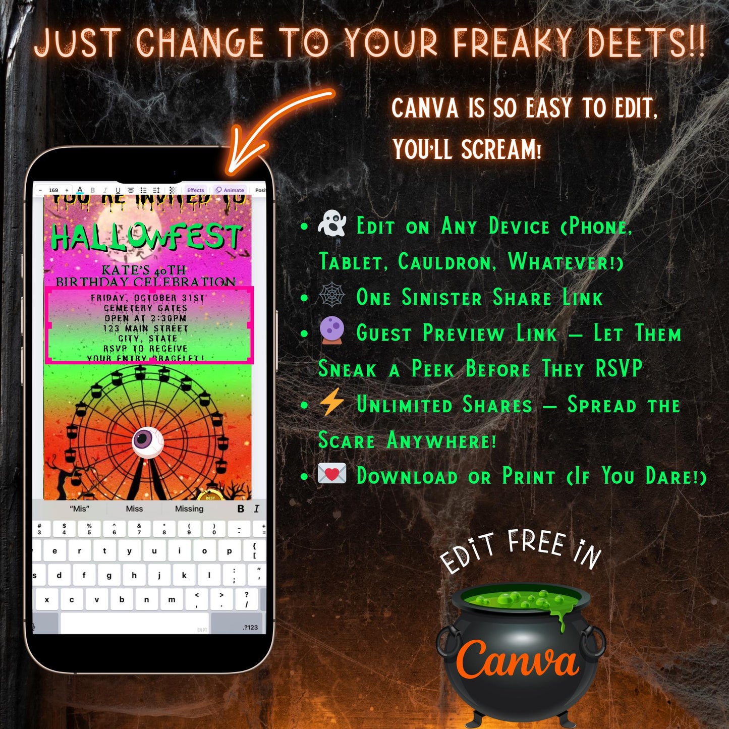 Editable Halloween video invitation with animated theme, customizable in Canva. Perfect for party invites.
