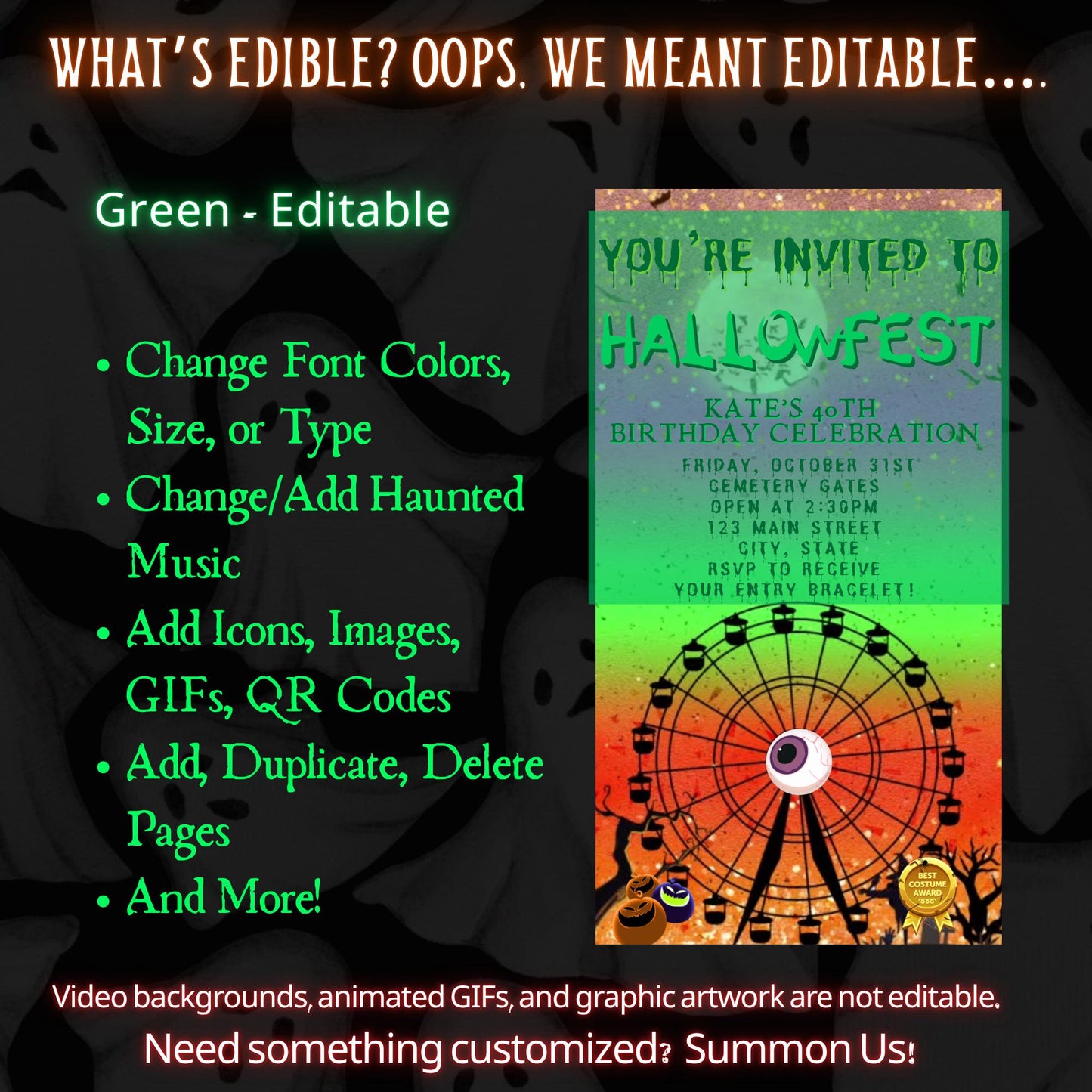 Editable Halloween video invitation with animated theme, customizable in Canva. Perfect for party invites.