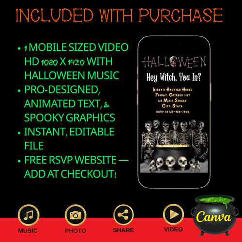 Editable Halloween video invitation with animated theme, customizable in Canva. Perfect for party invites.