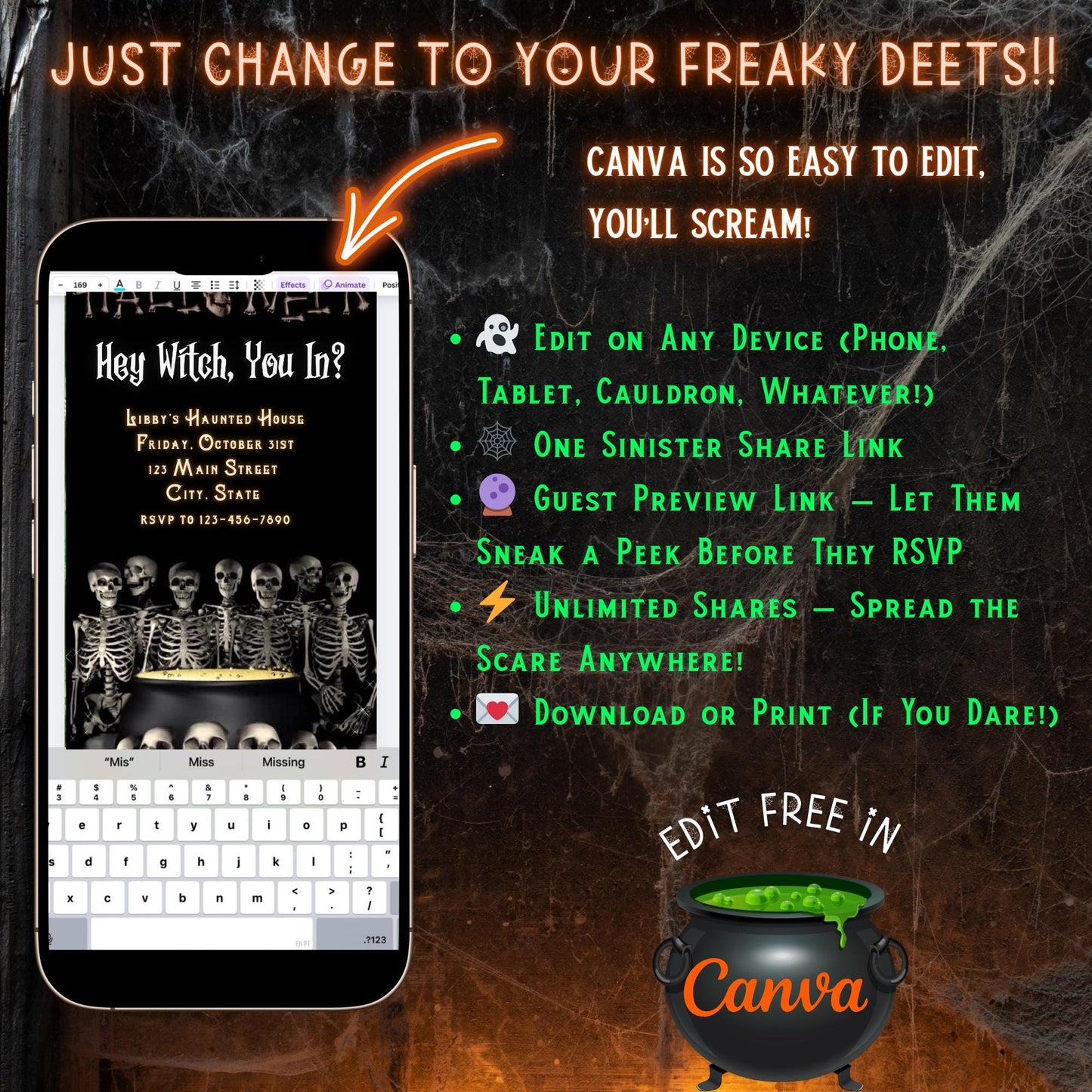 Editable Halloween video invitation with animated theme, customizable in Canva. Perfect for party invites.