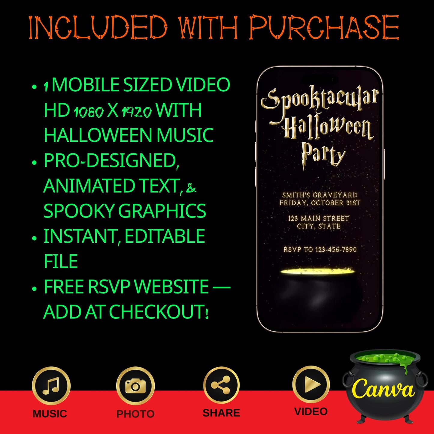Editable Halloween video invitation with animated theme, customizable in Canva. Perfect for party invites.