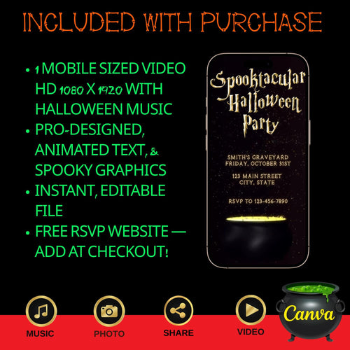 Editable Halloween video invitation with animated theme, customizable in Canva. Perfect for party invites.