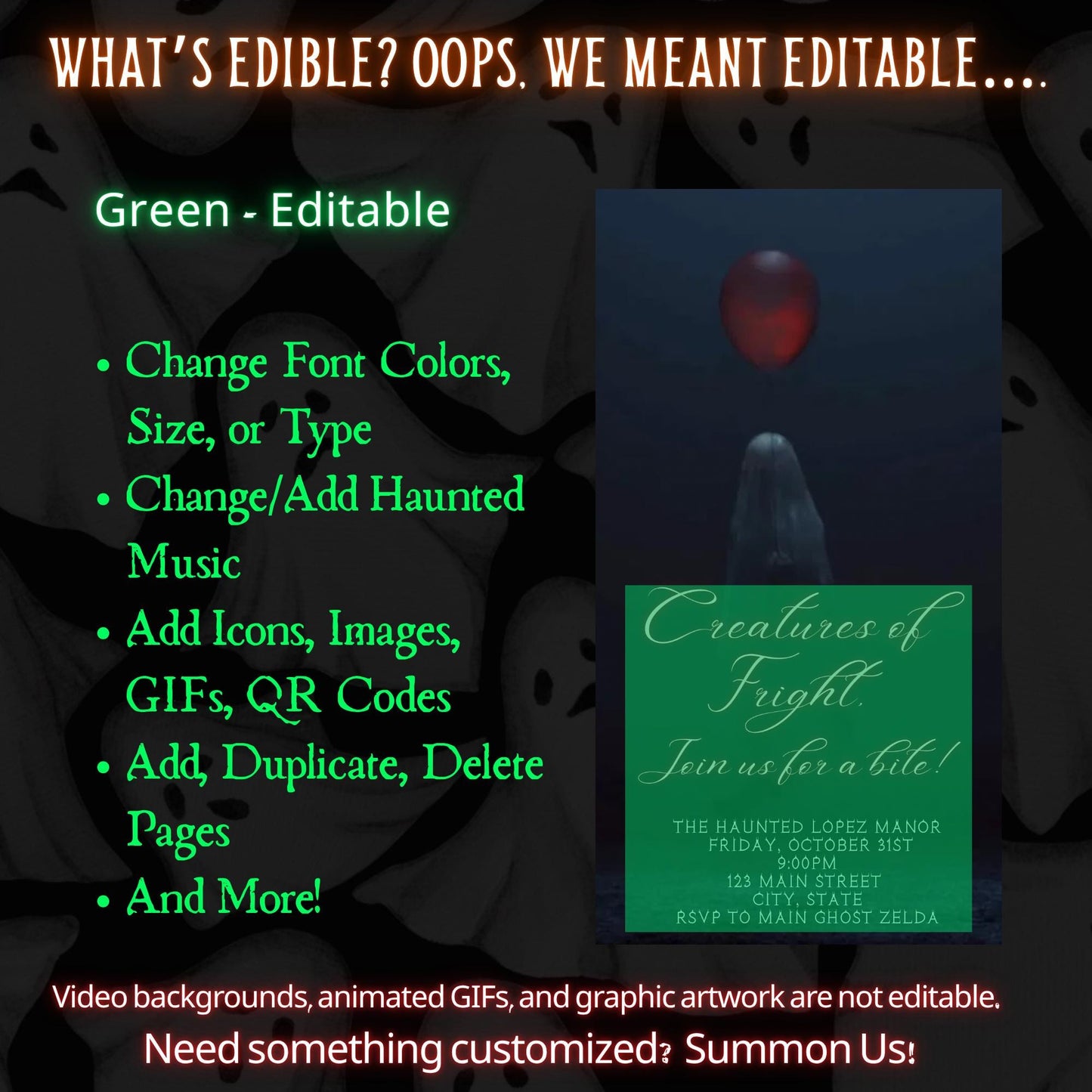 Editable Halloween video invitation with animated theme, customizable in Canva. Perfect for party invites.