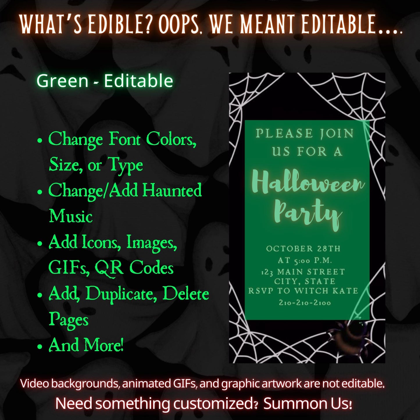 Editable Halloween video invitation with animated theme, customizable in Canva. Perfect for party invites.