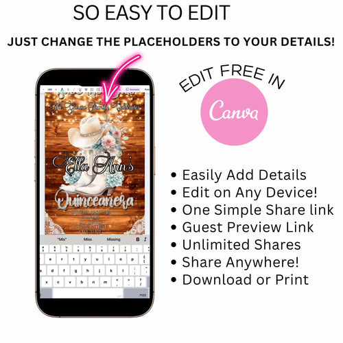 Editable Quinceañera invitation video template designed for mobile phones. Includes animated text, music, and photo customization. Perfect for Sweet 15 or Sweet 16 birthdays. Share instantly via text, WhatsApp, email, or social media. A beautiful, stunning design ideal for modern celebrations. Delivered as MP4 download—no physical item.