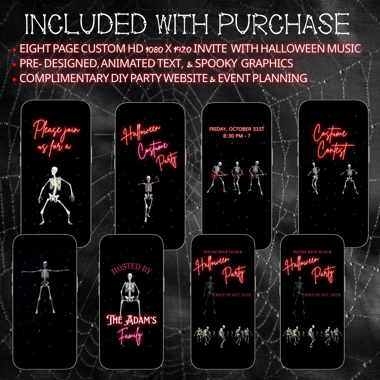 Halloween Video Invitation, Dancing Skeleton Animated Invite, Editable Halloween Party Mobile Evite