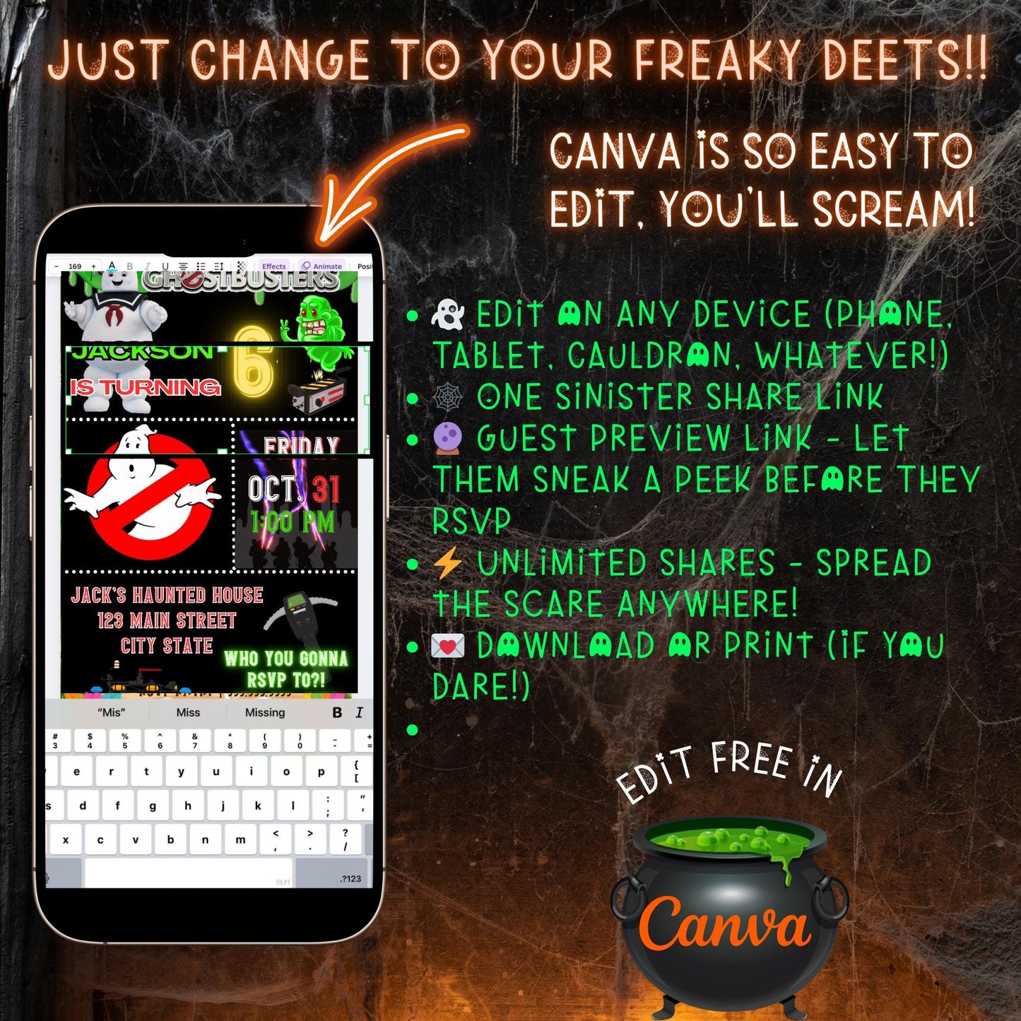Halloween Video Invitation, Ghostbusters Animated Invite, Editable Halloween Party Mobile Evite