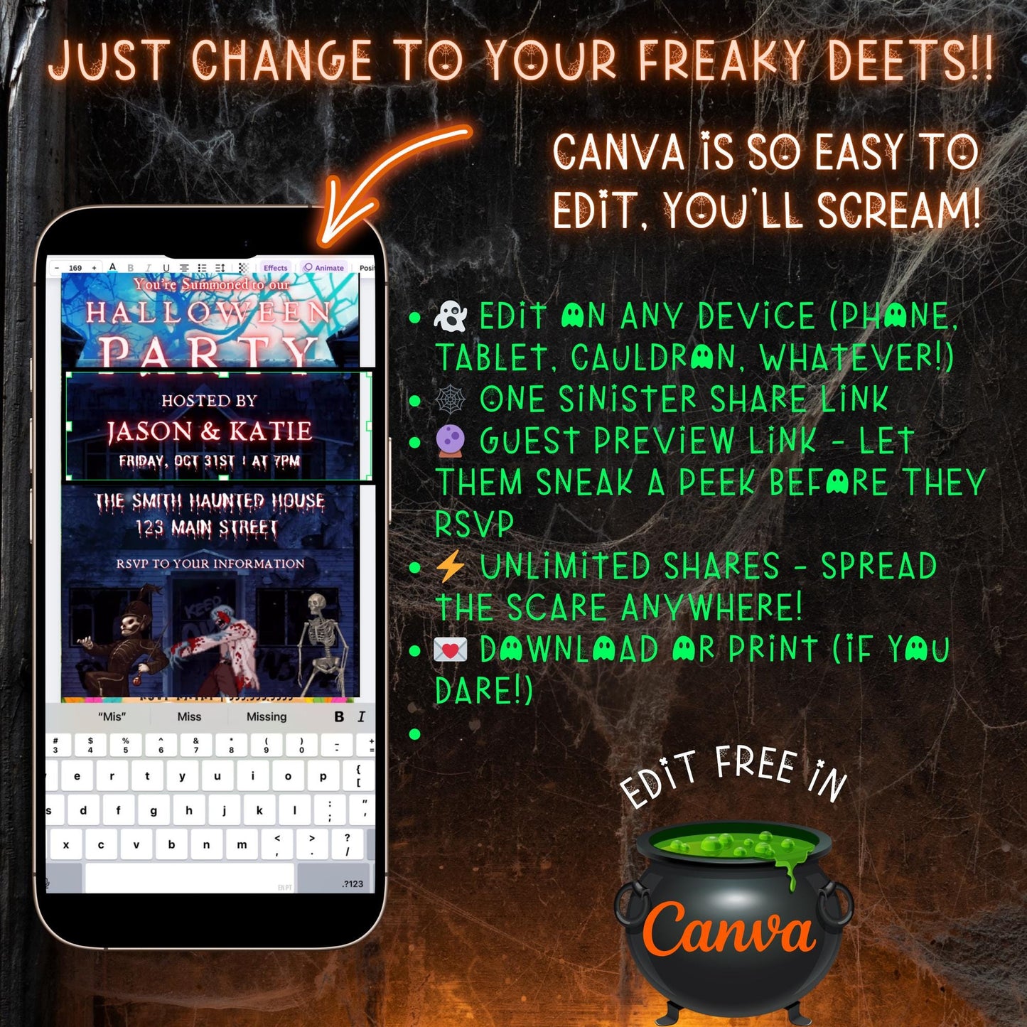 Editable Halloween video invitation with animated theme, customizable in Canva. Perfect for party invites.