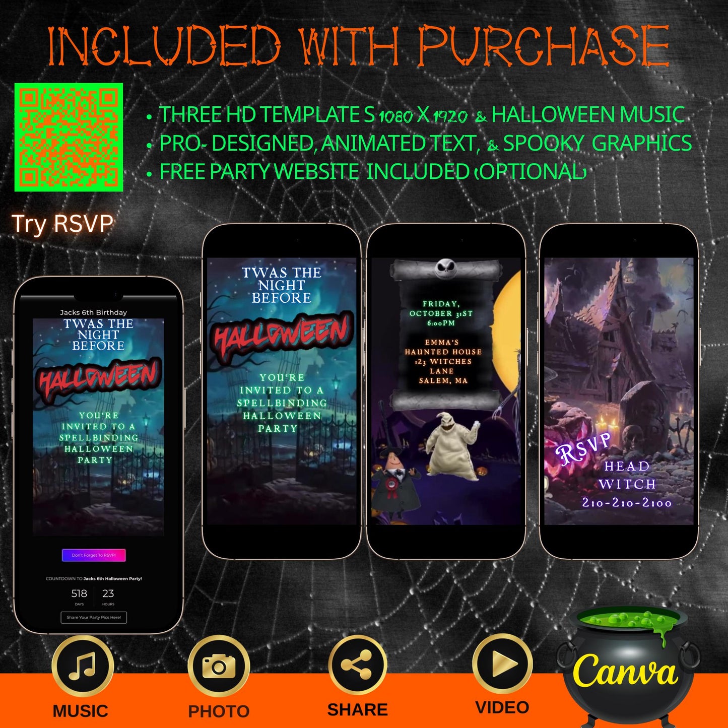 Halloween Video Invitation, Nightmare before Christmas Animated Invite, Editable Halloween Party Mobile Evite