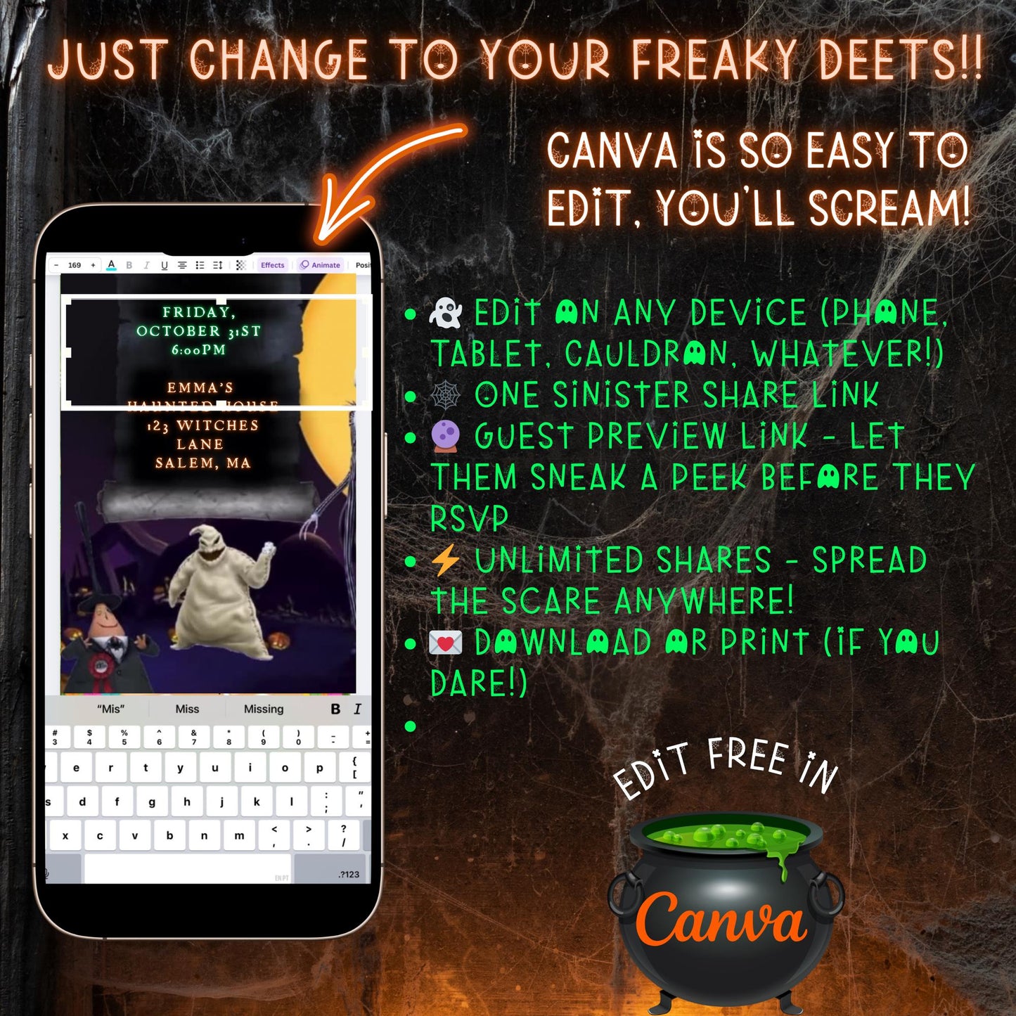 Halloween Video Invitation, Nightmare before Christmas Animated Invite, Editable Halloween Party Mobile Evite