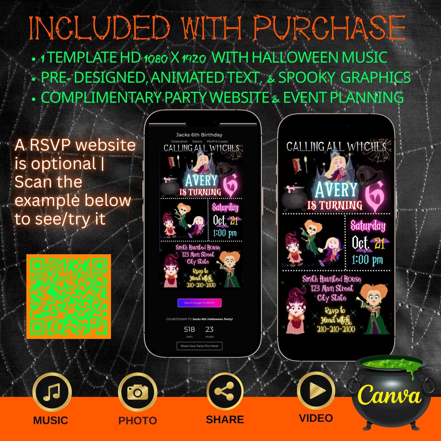 Editable Halloween video invitation with animated theme, customizable in Canva. Perfect for party invites.