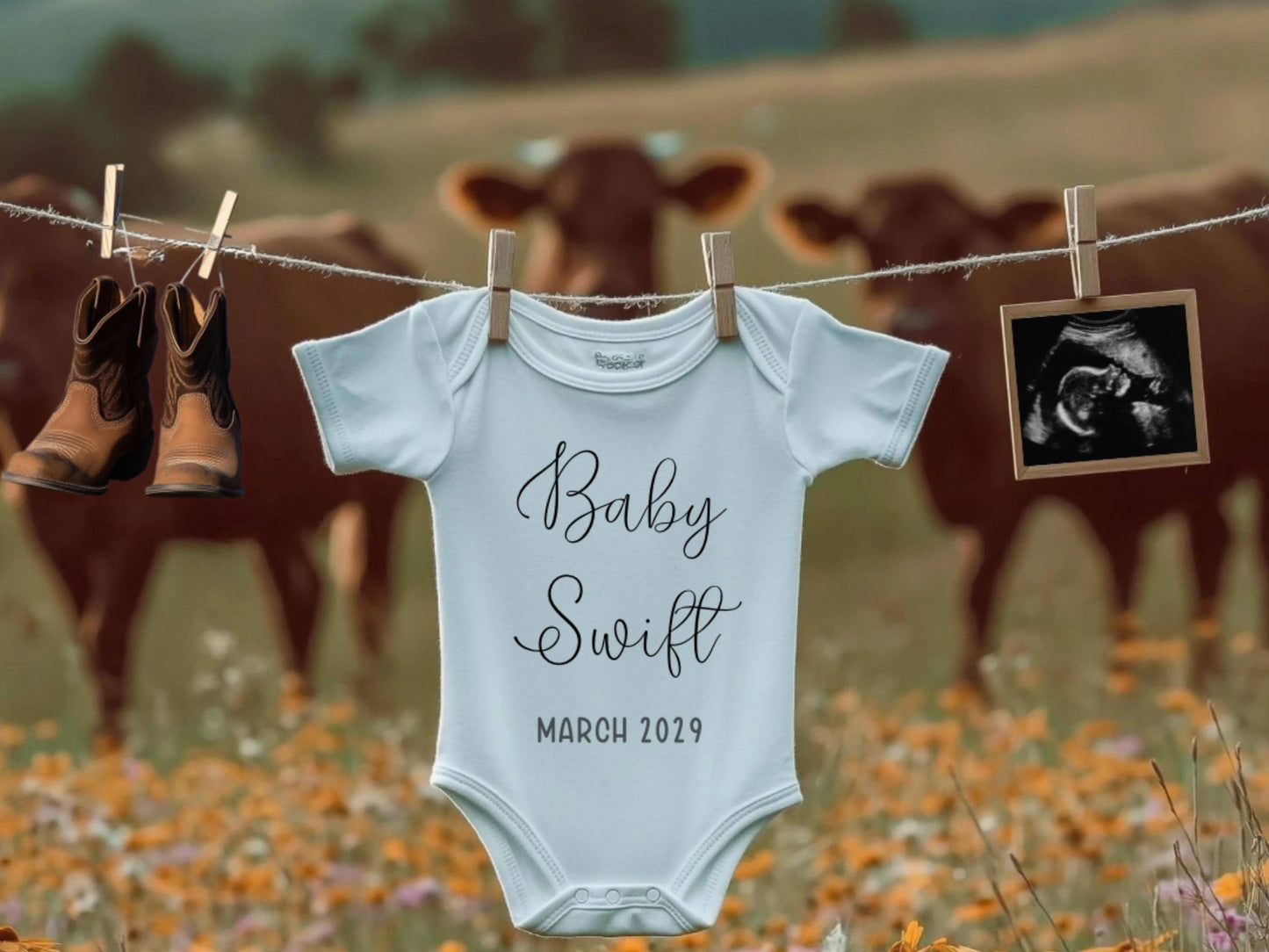 Western Pregnancy Announcement - Baby Reveal Sonogram Social Media Post - Onesie Clothesline