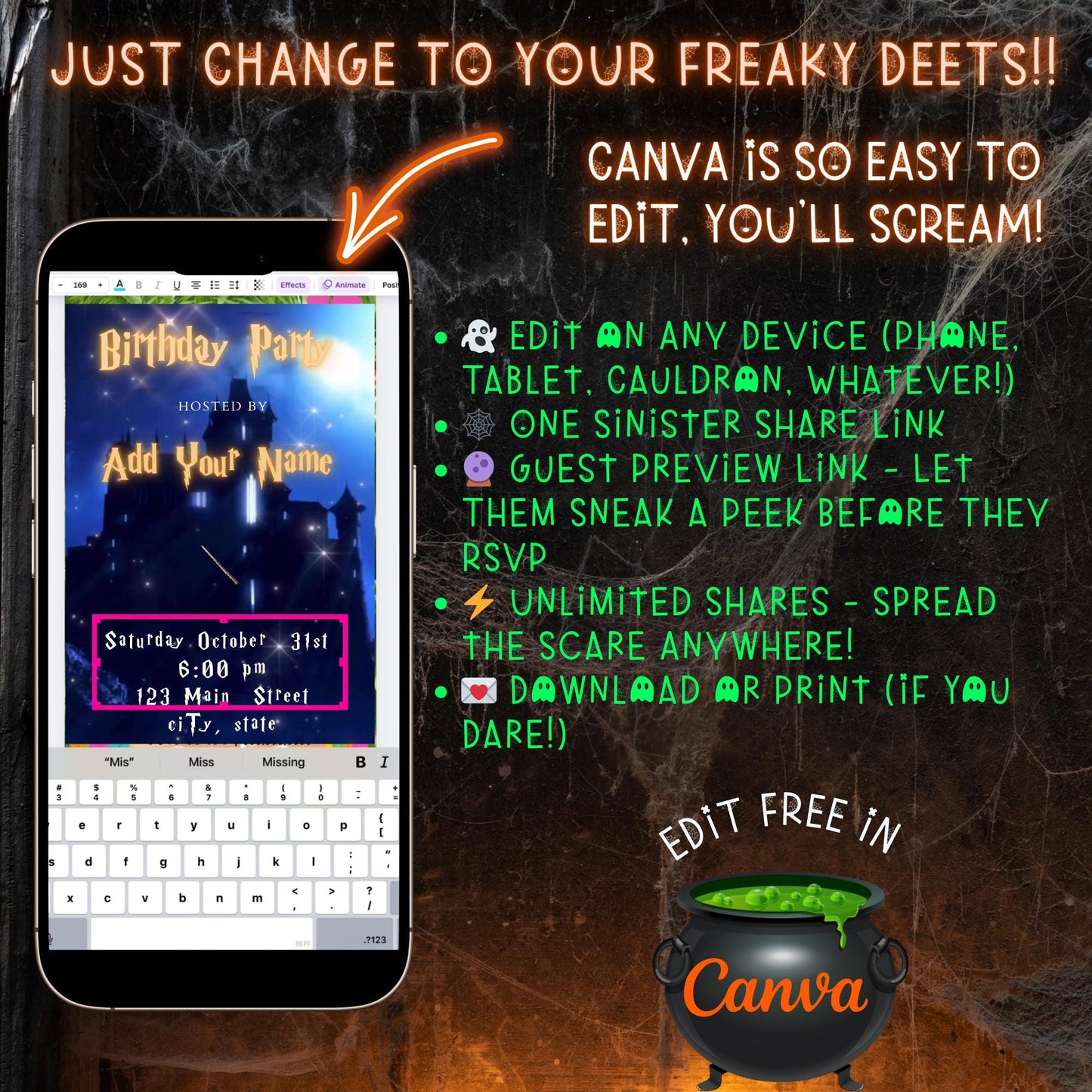 Halloween Video Invitation, Harry Potter Animated Invite, Editable Halloween Party Mobile Evite