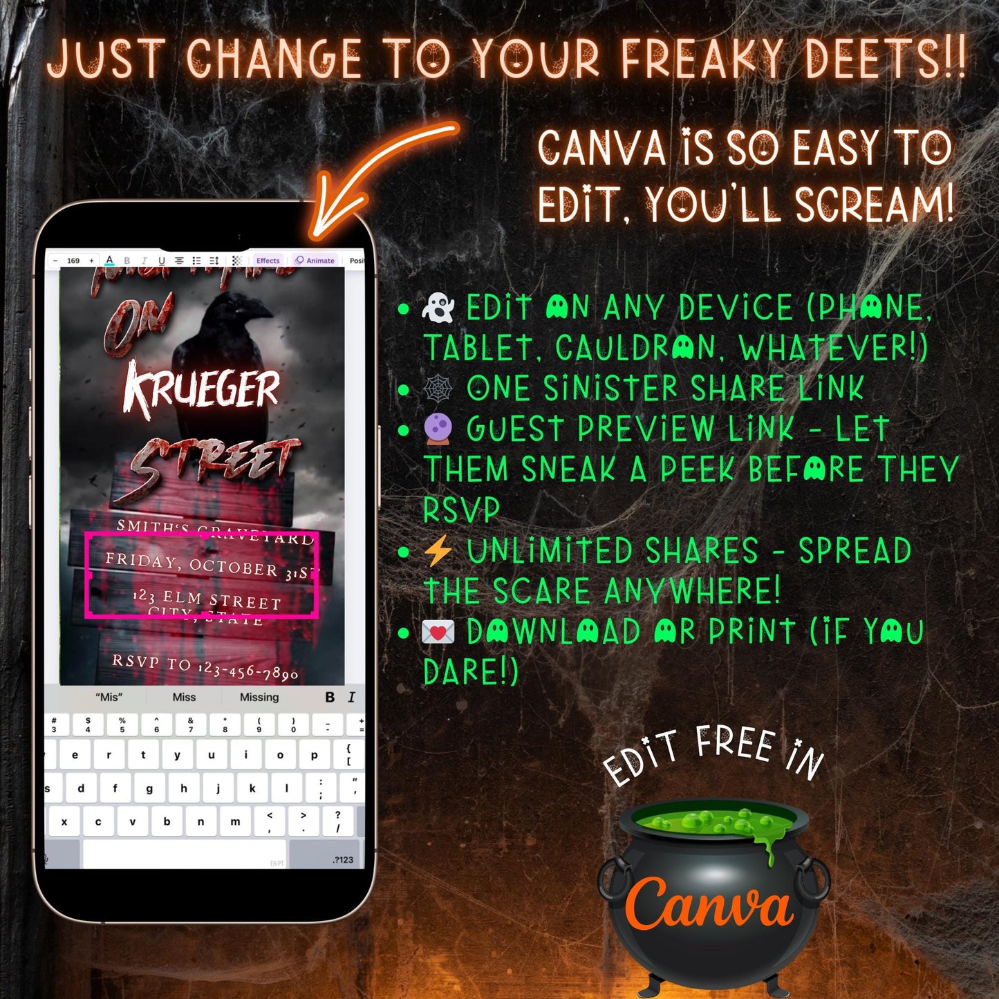Halloween Video Invitation, Nightmare on Elm Street Animated Invite, Editable Halloween Party Mobile Evite