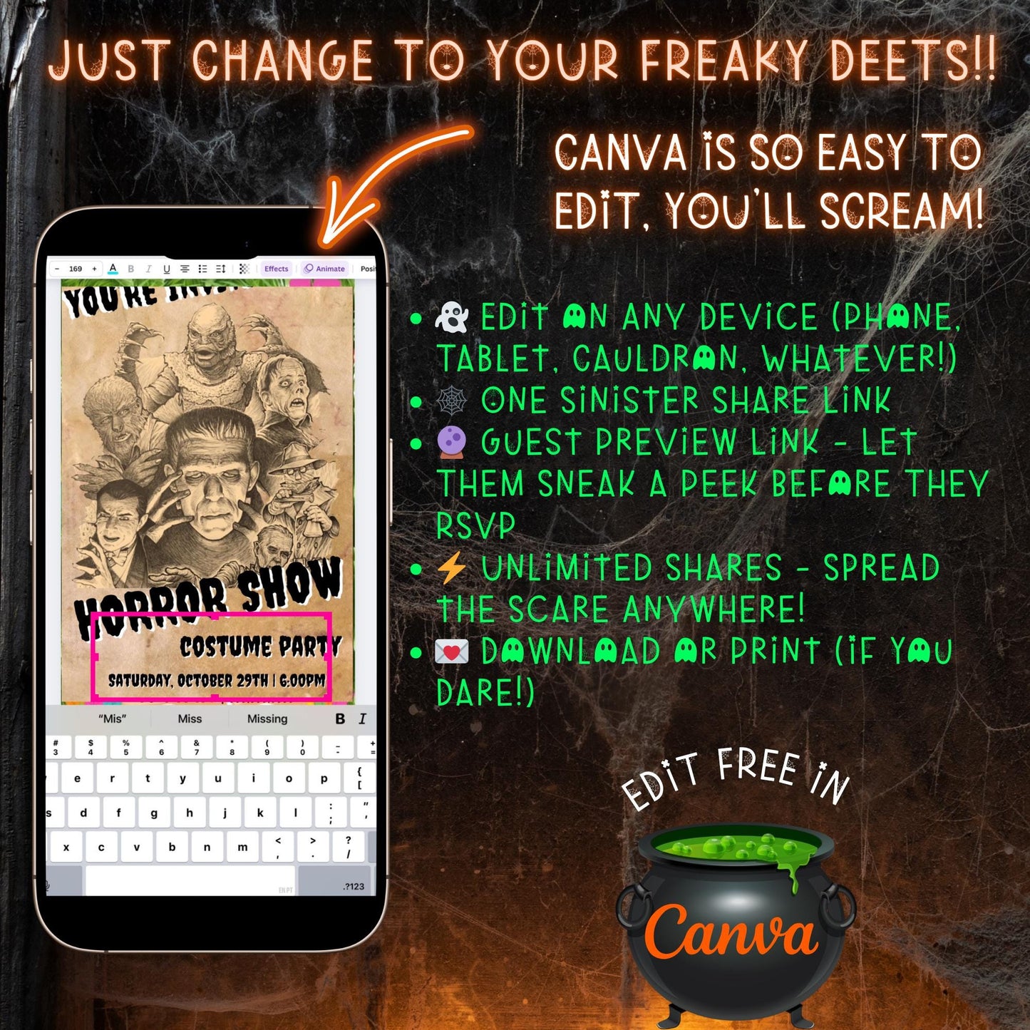Editable Halloween video invitation with animated theme, customizable in Canva. Perfect for party invites.