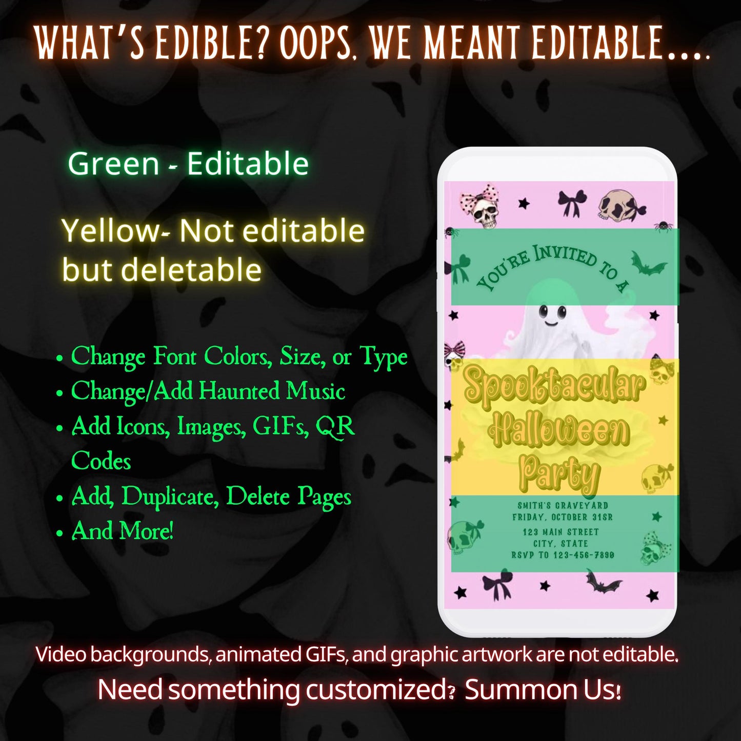 Editable Halloween video invitation with animated theme, customizable in Canva. Perfect for party invites.