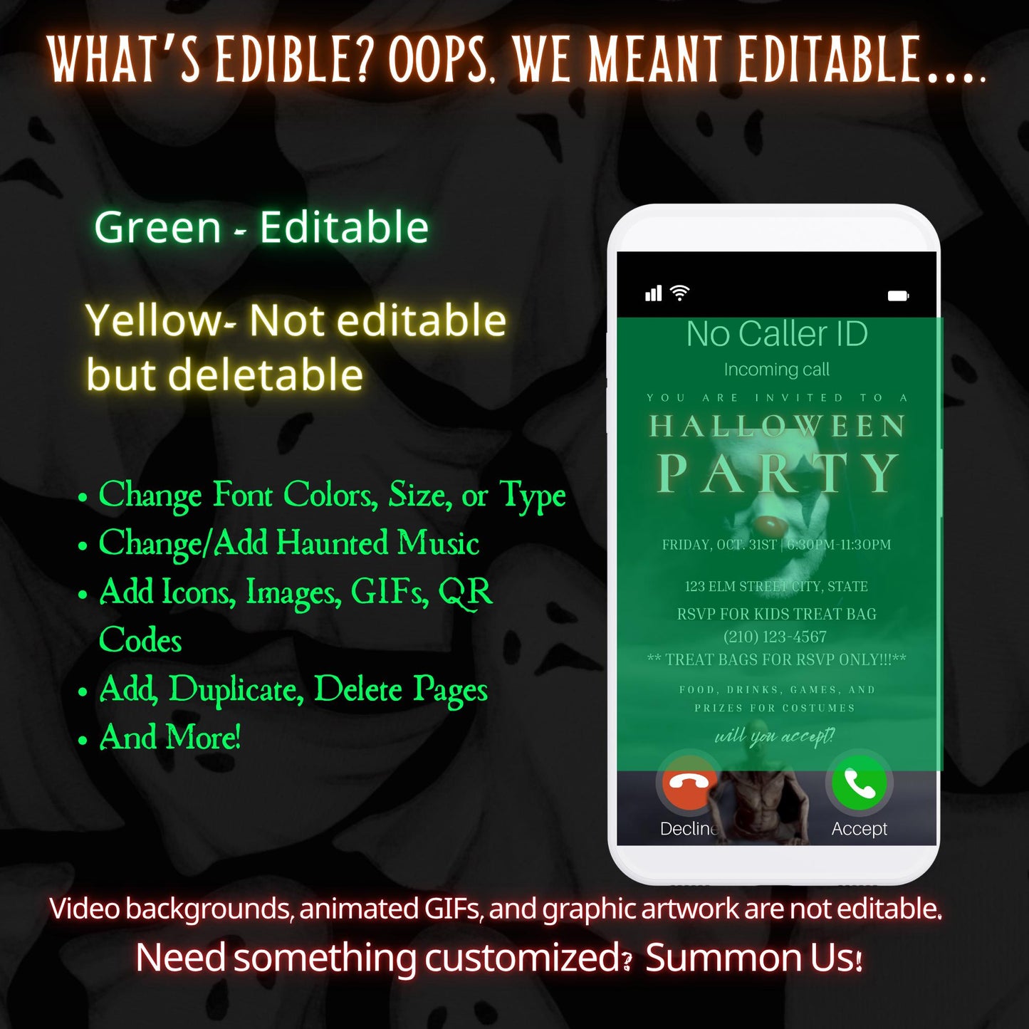 Editable Halloween video invitation with animated theme, customizable in Canva. Perfect for party invites.