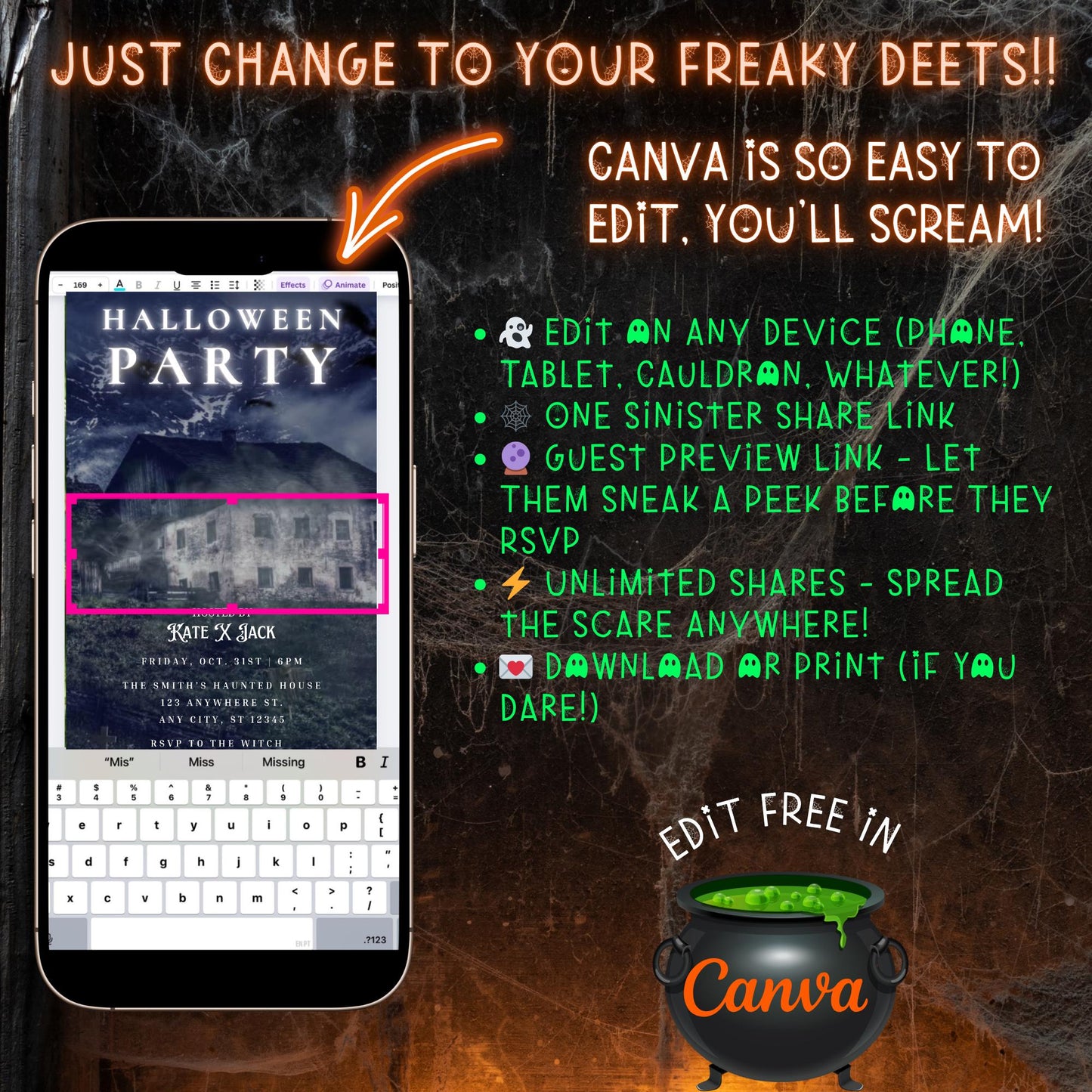 Editable Halloween video invitation with animated theme, customizable in Canva. Perfect for party invites.