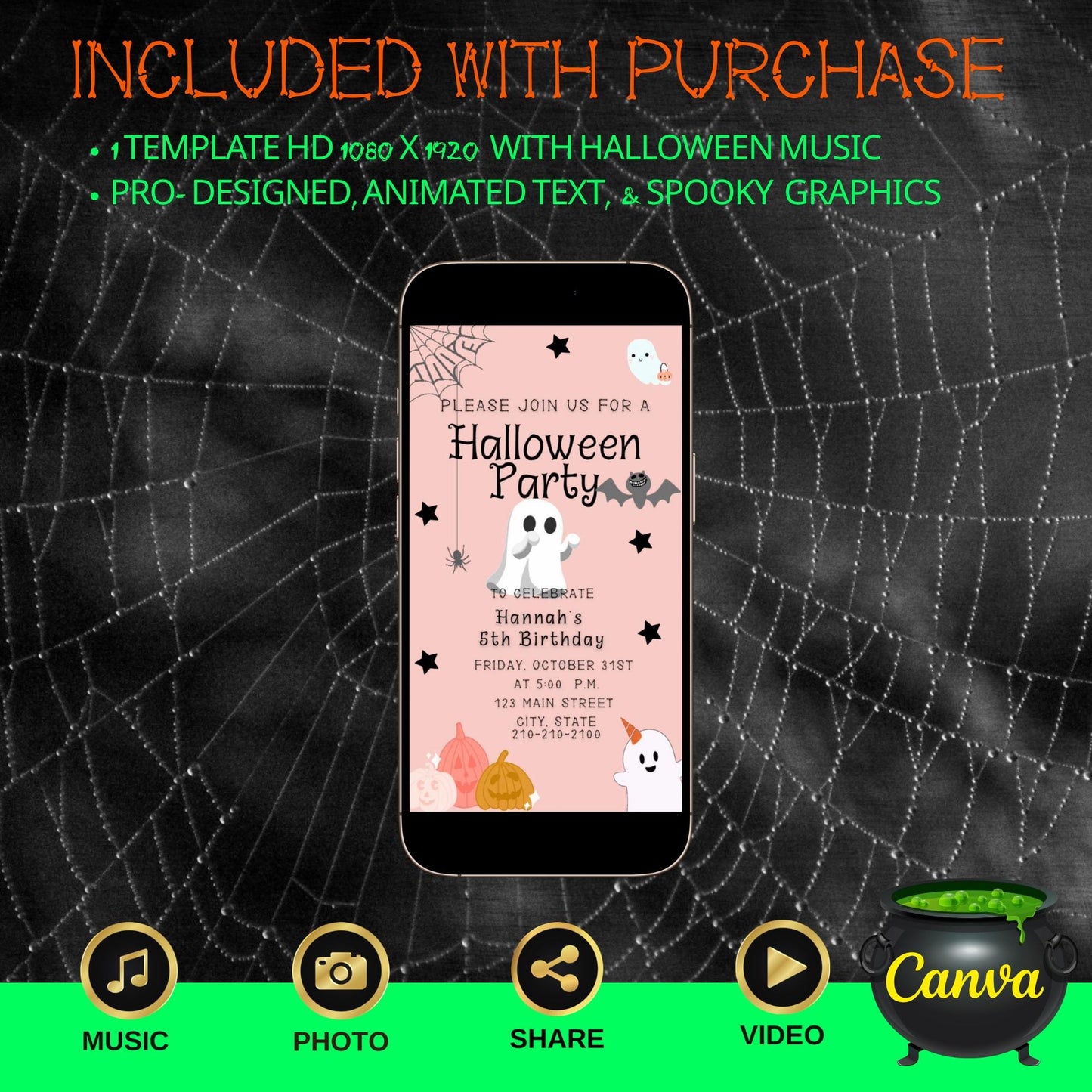 Editable Halloween video invitation with animated theme, customizable in Canva. Perfect for party invites.