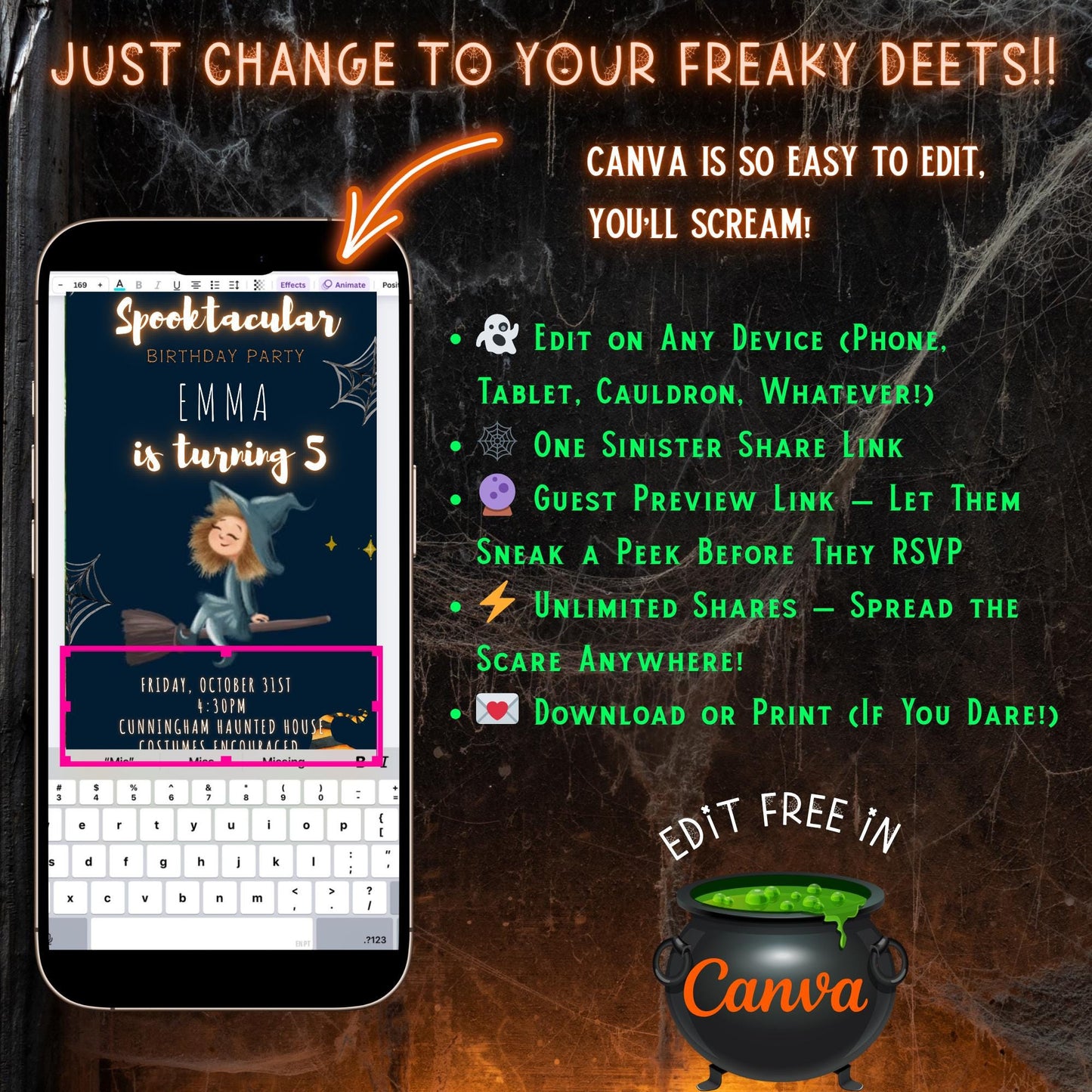 Editable Halloween video invitation with animated theme, customizable in Canva. Perfect for party invites.