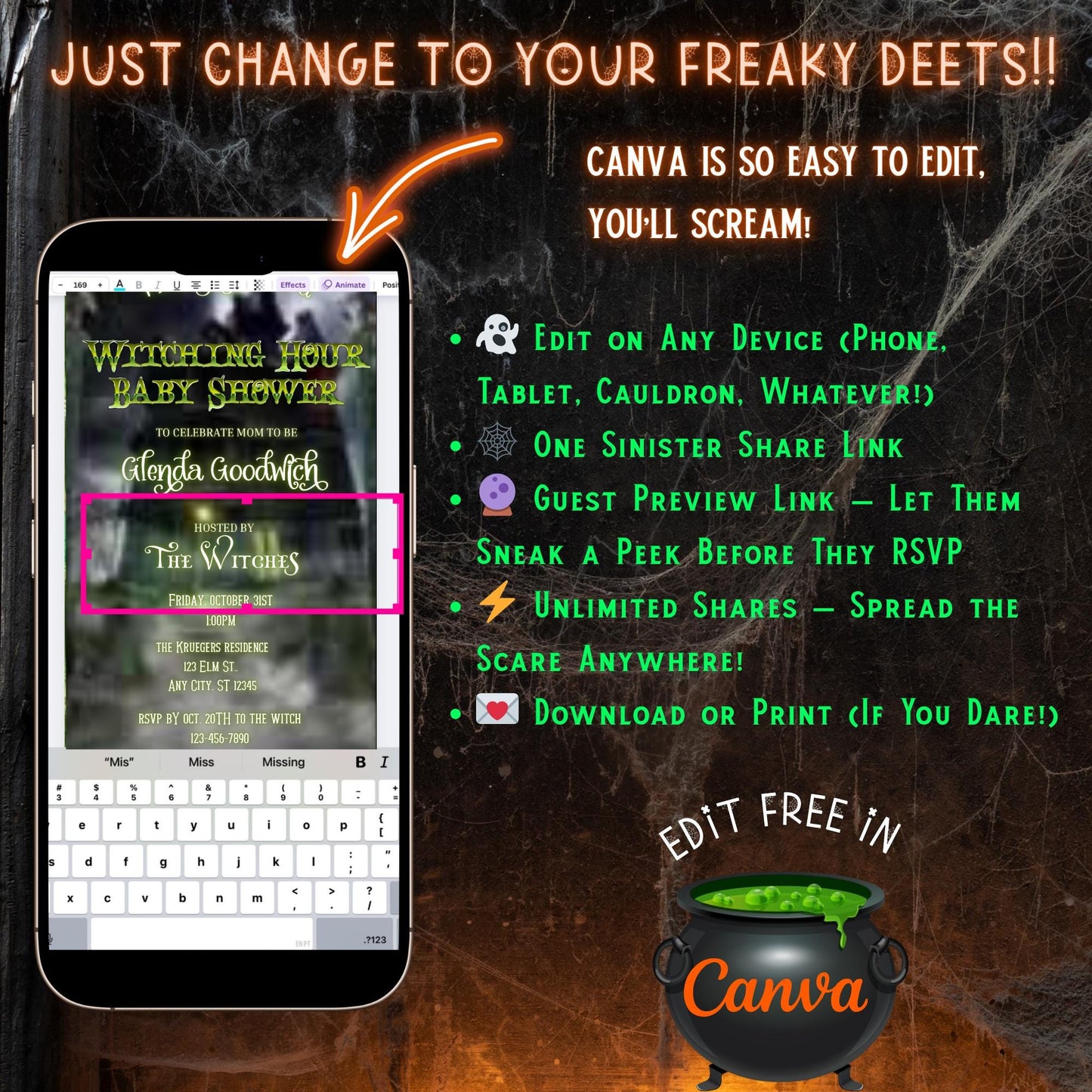 Halloween Video Invitation, Baby Shower Animated Invite, Editable Halloween Party Mobile Evite