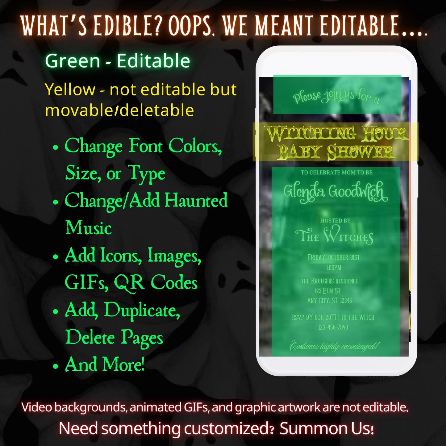 Editable Halloween video invitation with animated theme, customizable in Canva. Perfect for party invites.