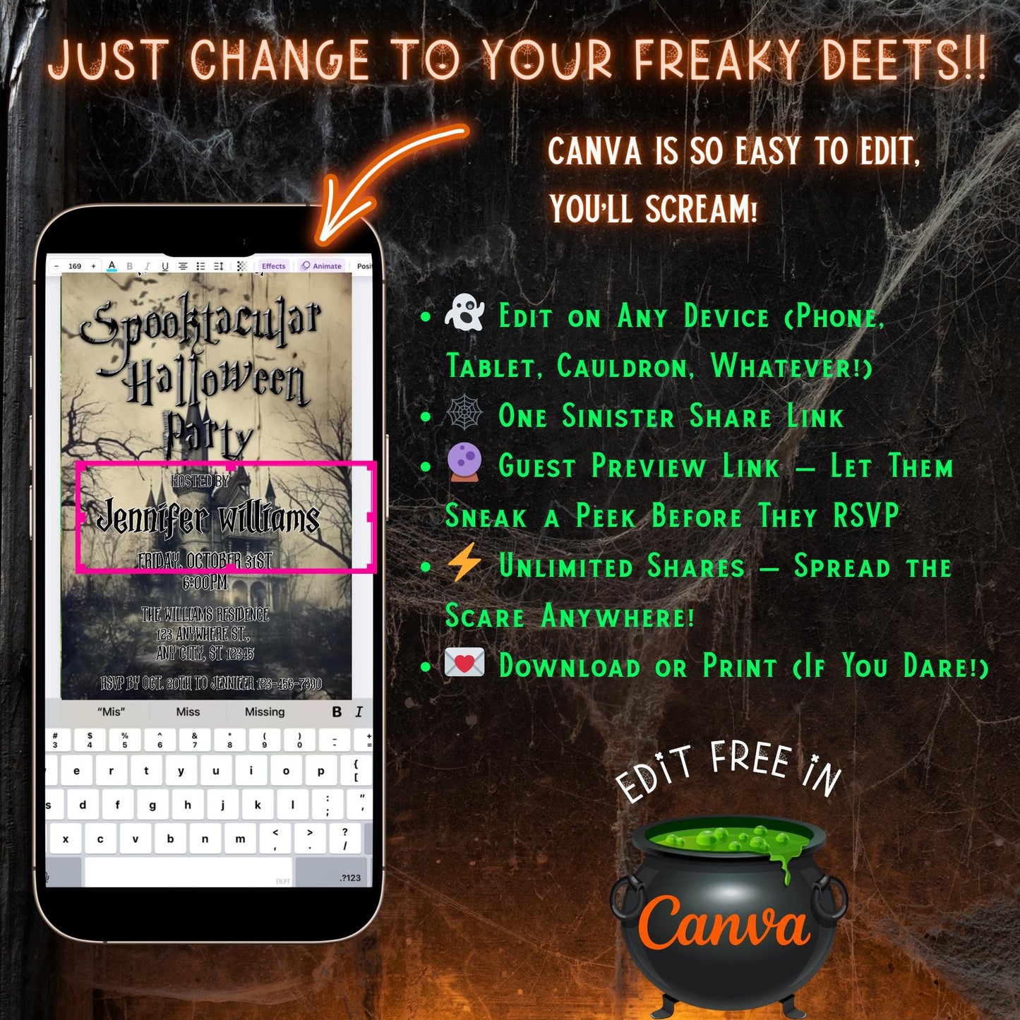 Editable Halloween video invitation with animated theme, customizable in Canva. Perfect for party invites.