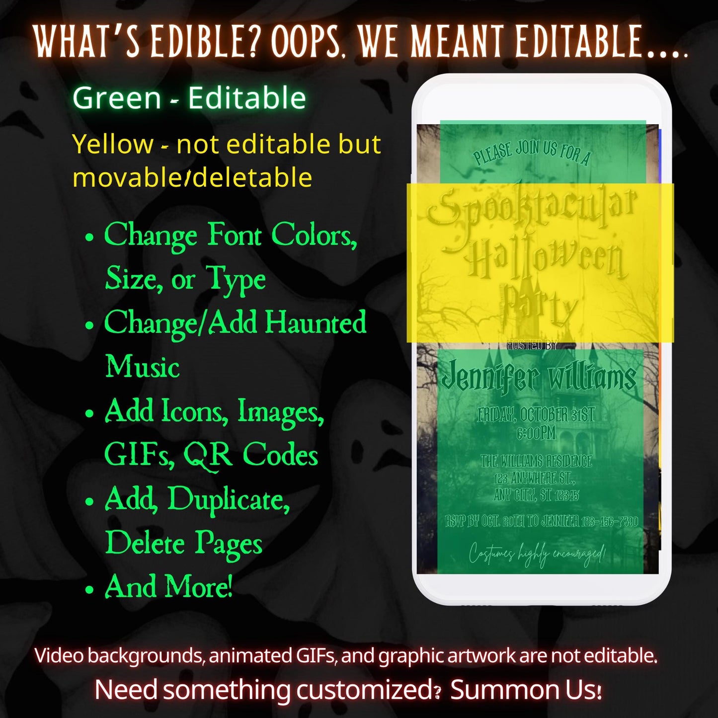 Editable Halloween video invitation with animated theme, customizable in Canva. Perfect for party invites.