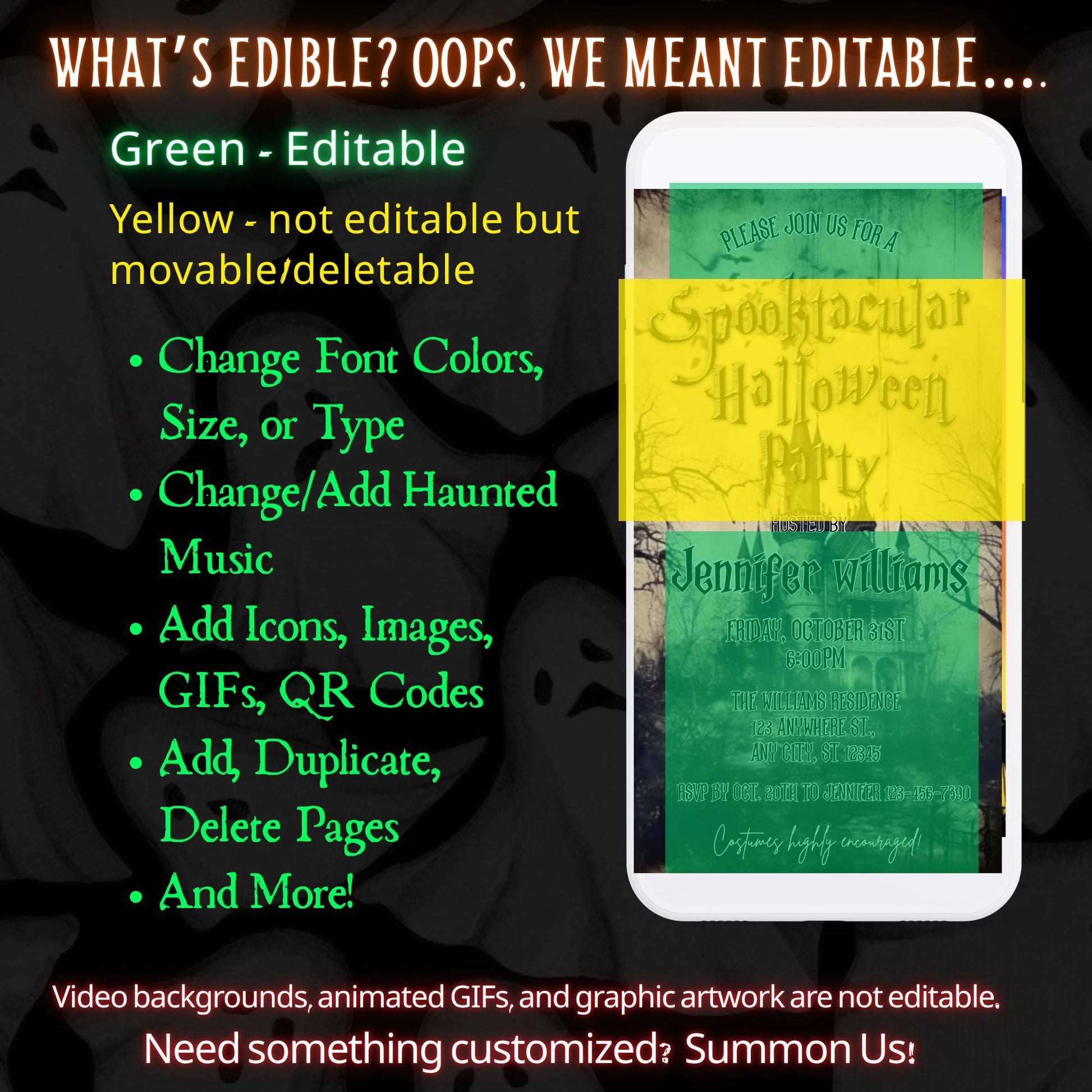 Editable Halloween video invitation with animated theme, customizable in Canva. Perfect for party invites.