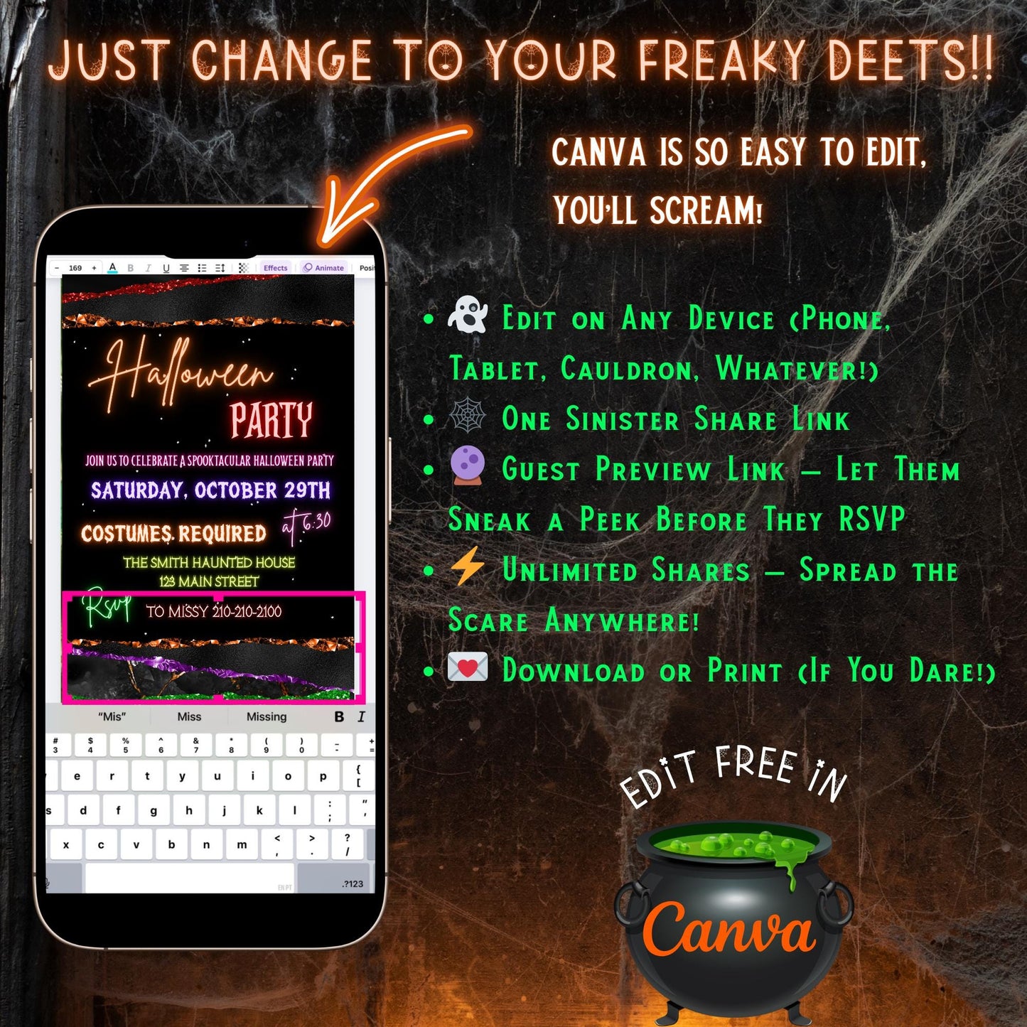 Editable Halloween video invitation with animated theme, customizable in Canva. Perfect for party invites.