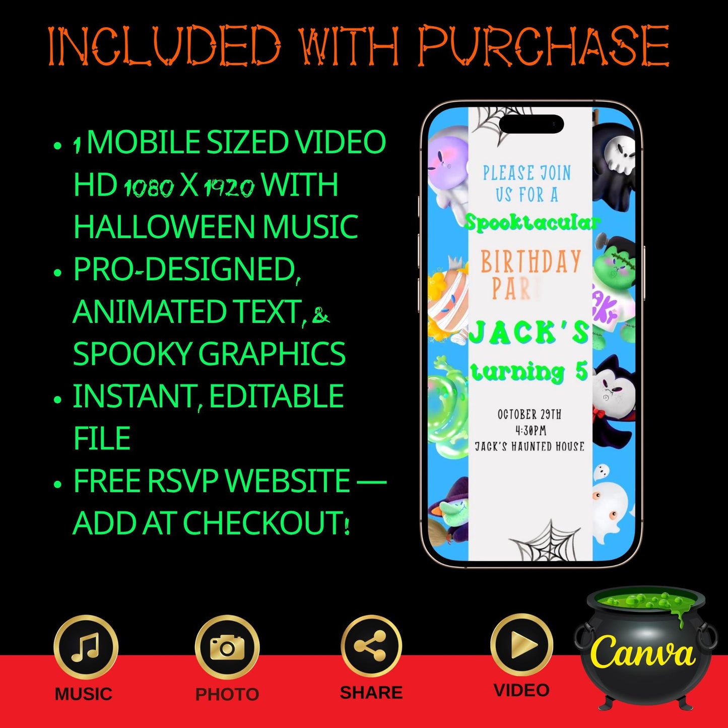Editable Halloween video invitation with animated theme, customizable in Canva. Perfect for party invites.
