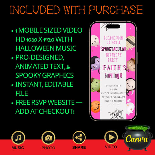 Editable Halloween video invitation with animated theme, customizable in Canva. Perfect for party invites.